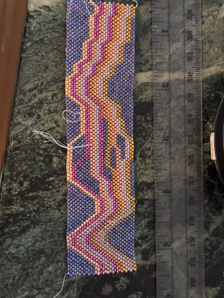 The beginning of the beaded hat band, at about 4 inches long