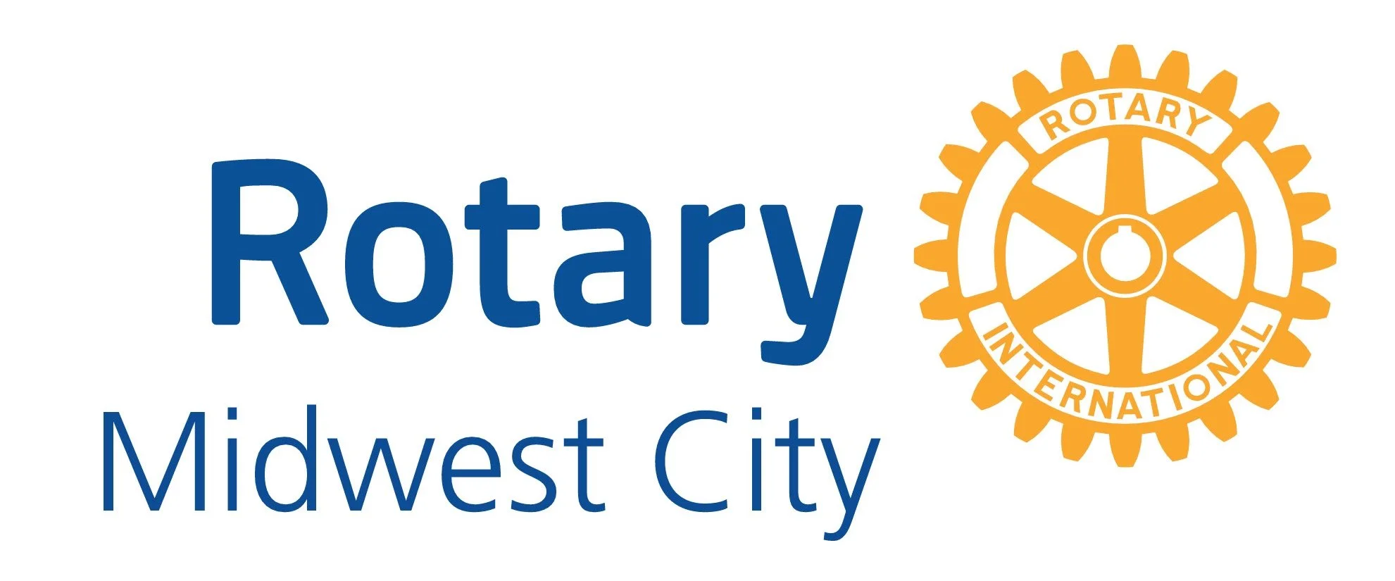 Logo of Rotary International with blue text 'Rotary' and orange gear emblem on the right, including the words 'Rotary International' around the gear and 'Midwest City' below 'Rotary'.