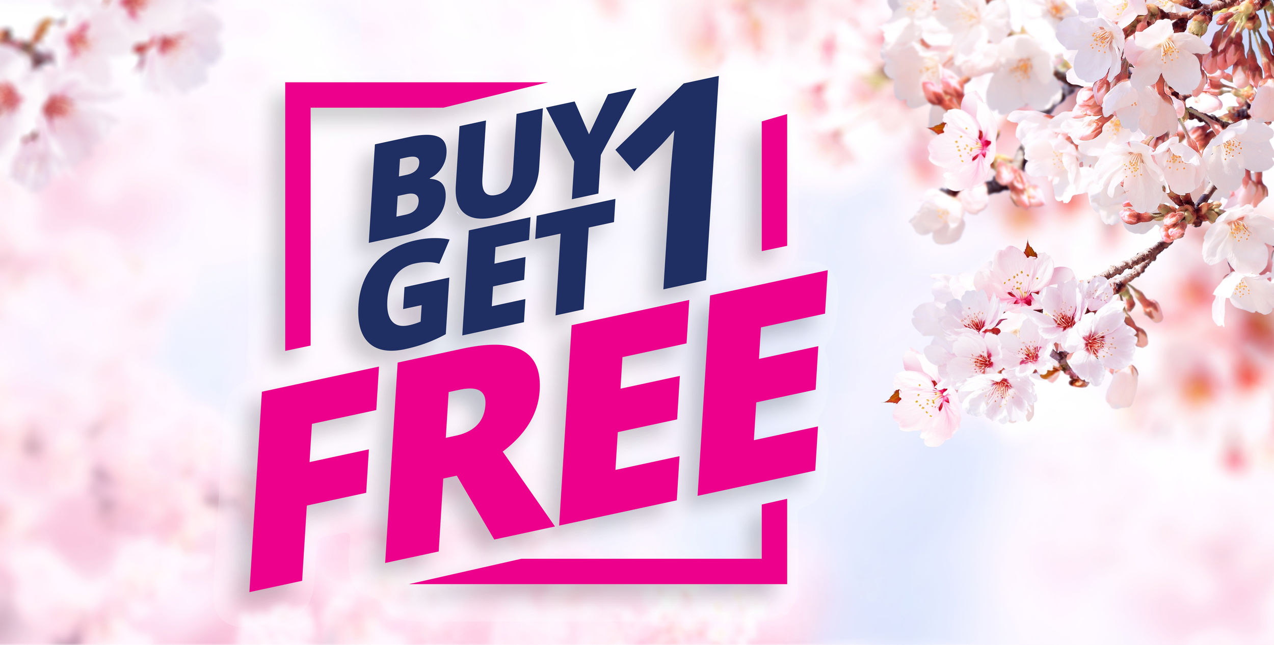 A promotional banner with pink and dark blue text on a background of cherry blossoms. The text reads "Buy 1 Get 1 Free".