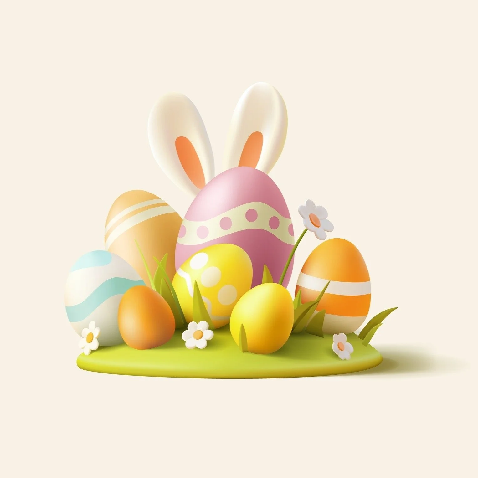 Colorful Easter eggs decorated with pastel patterns, a large bunny-shaped egg with bunny ears, grass, and small white flowers on a green patch.