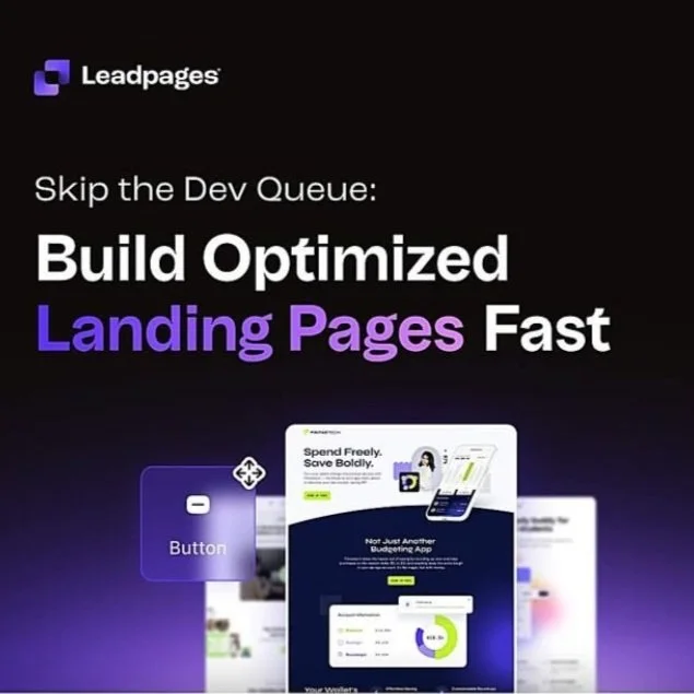 Leadpages advertisement promoting building optimized landing pages quickly, with visuals of web page designs and a button graphic.