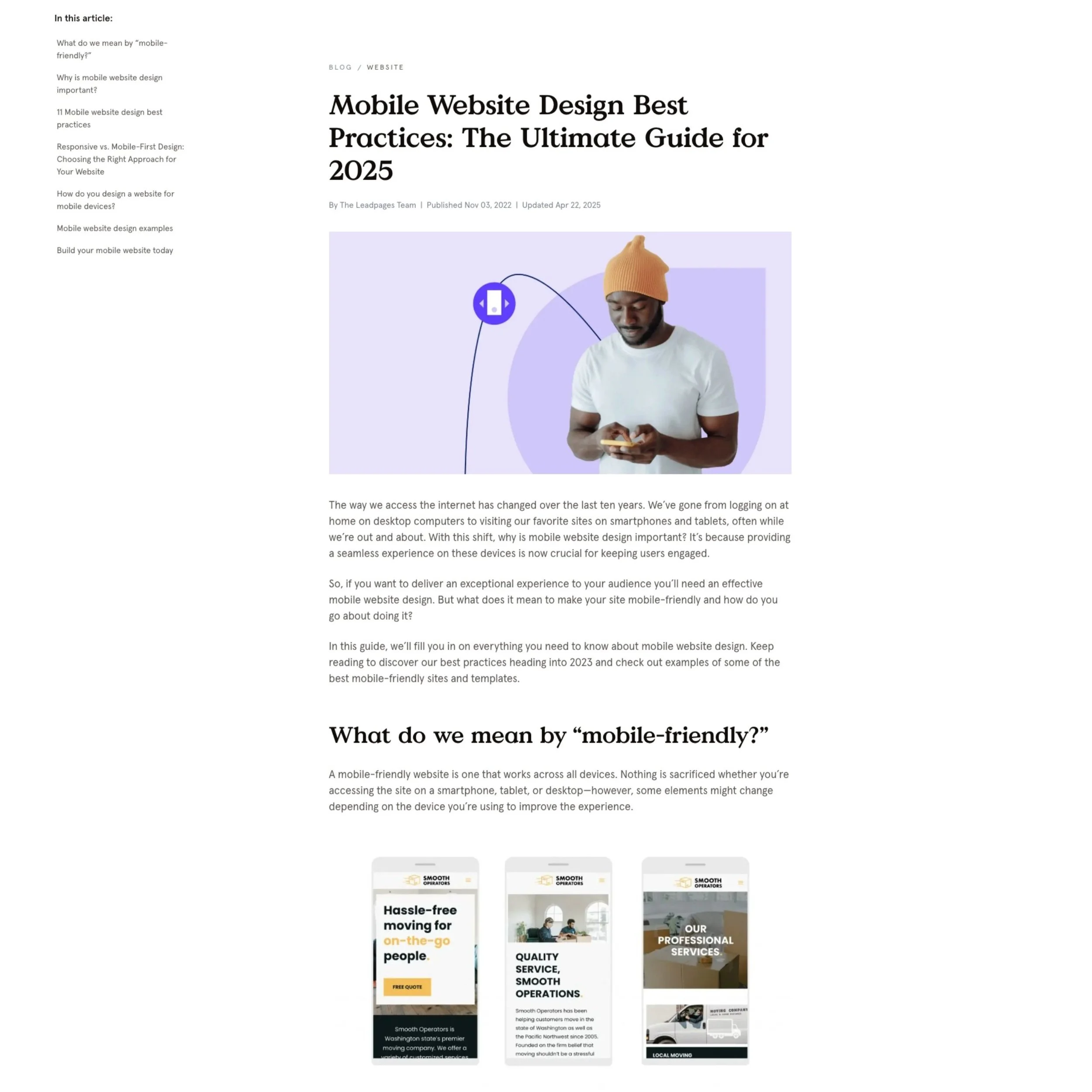 Screenshot of an online article titled 'Mobile Website Design Best Practices: The Ultimate Guide for 2025' with a photo of a man wearing a yellow beanie, white t-shirt, and holding a smartphone, and three mobile website templates below the text.