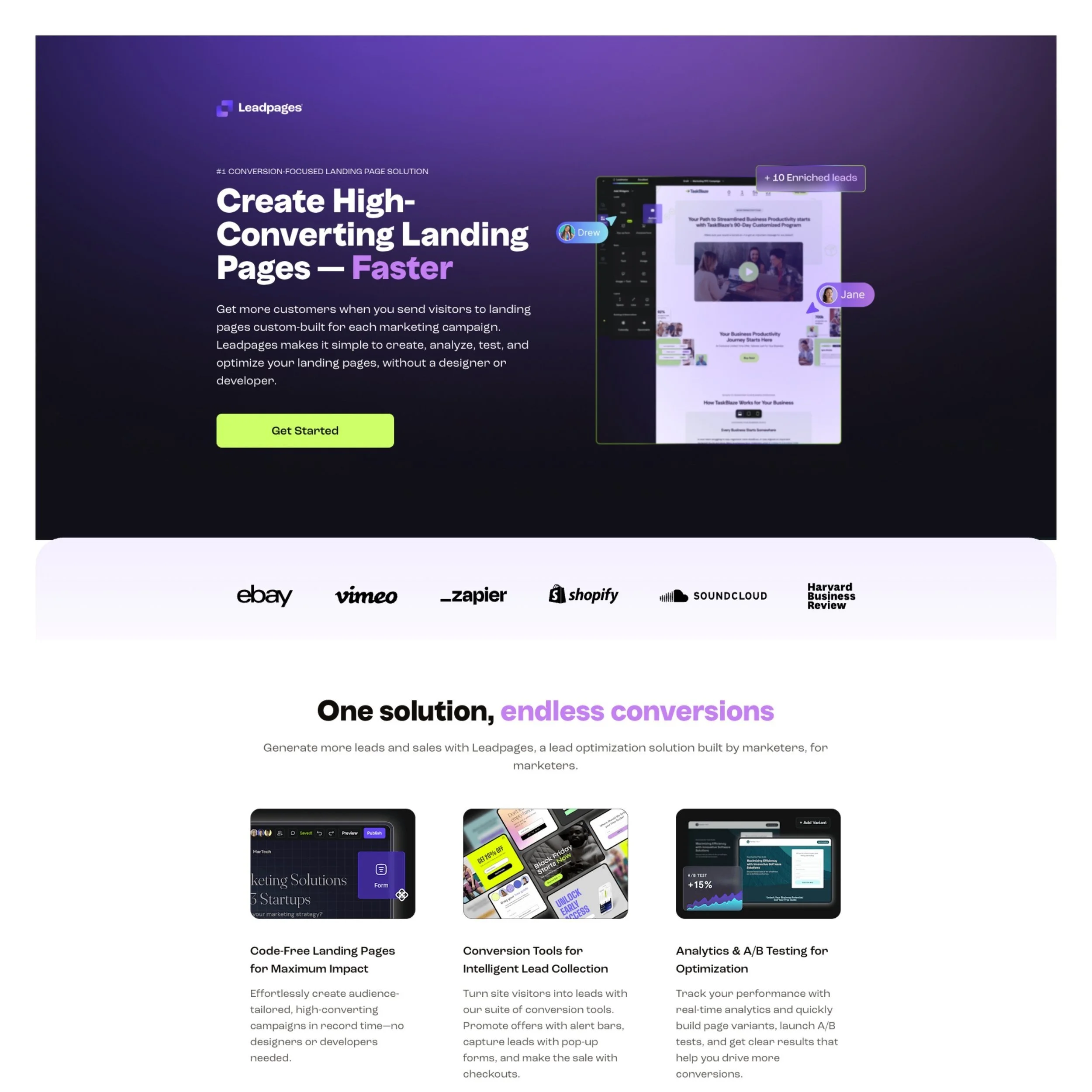 Landing page for Leadpages promoting high-converting landing pages with a purple background, images of landing pages, and logos of eBay, Vimeo, Zapier, Shopify, SoundCloud, and Harvard Business Review.