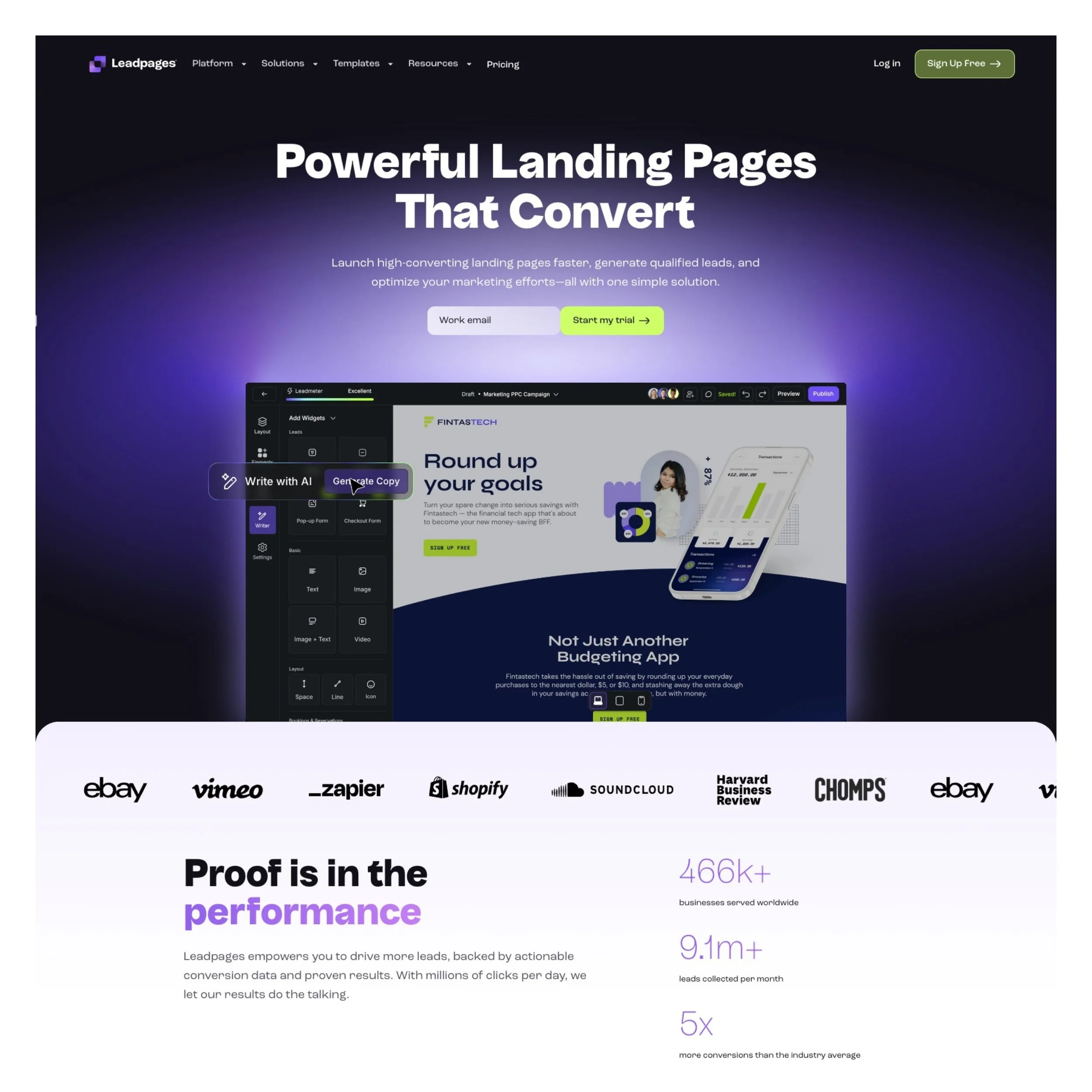 Screenshot of Leadpages homepage with headline 'Powerful Landing Pages That Convert,' featuring a call-to-action to start a free trial, and a promotional section showing logos of companies like eBay, Vimeo, Shopify, and SoundCloud, emphasizing performance and results.