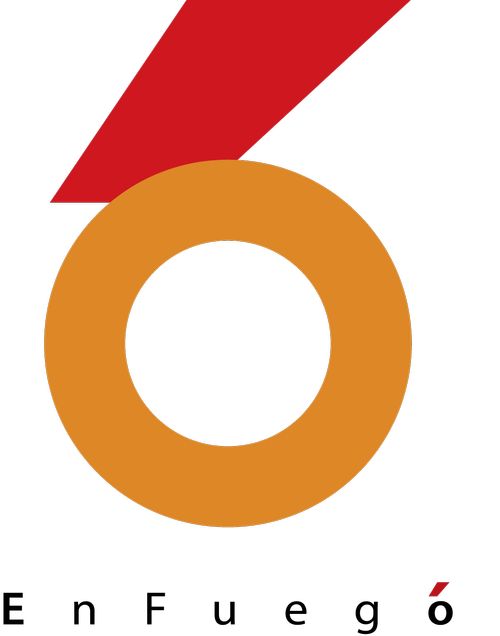 A graphic design featuring a large orange number six with a black background and red accents.