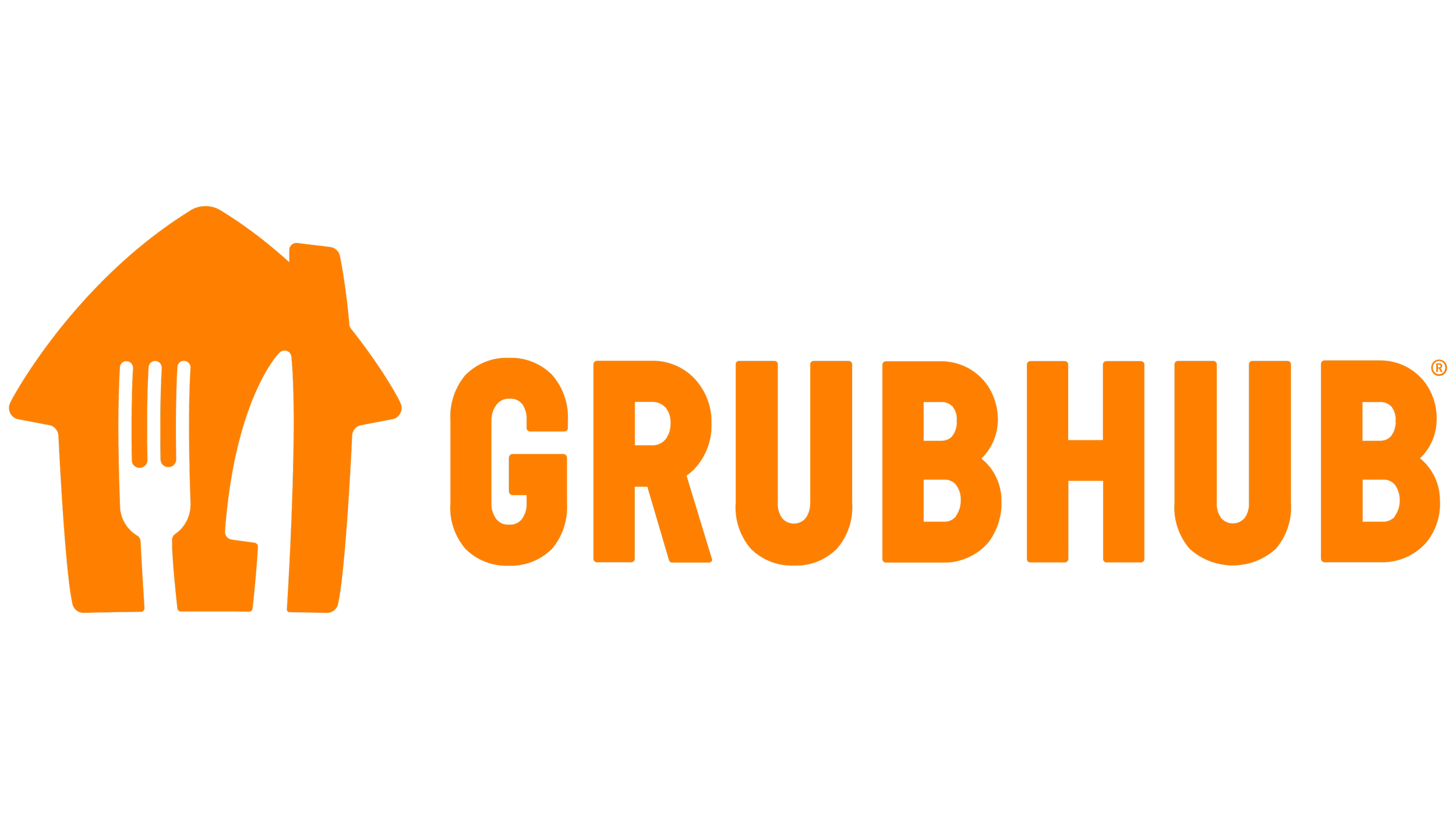 Grubhub logo featuring an orange house with a fork and knife inside, and the word 'GRUBHUB' in orange text.
