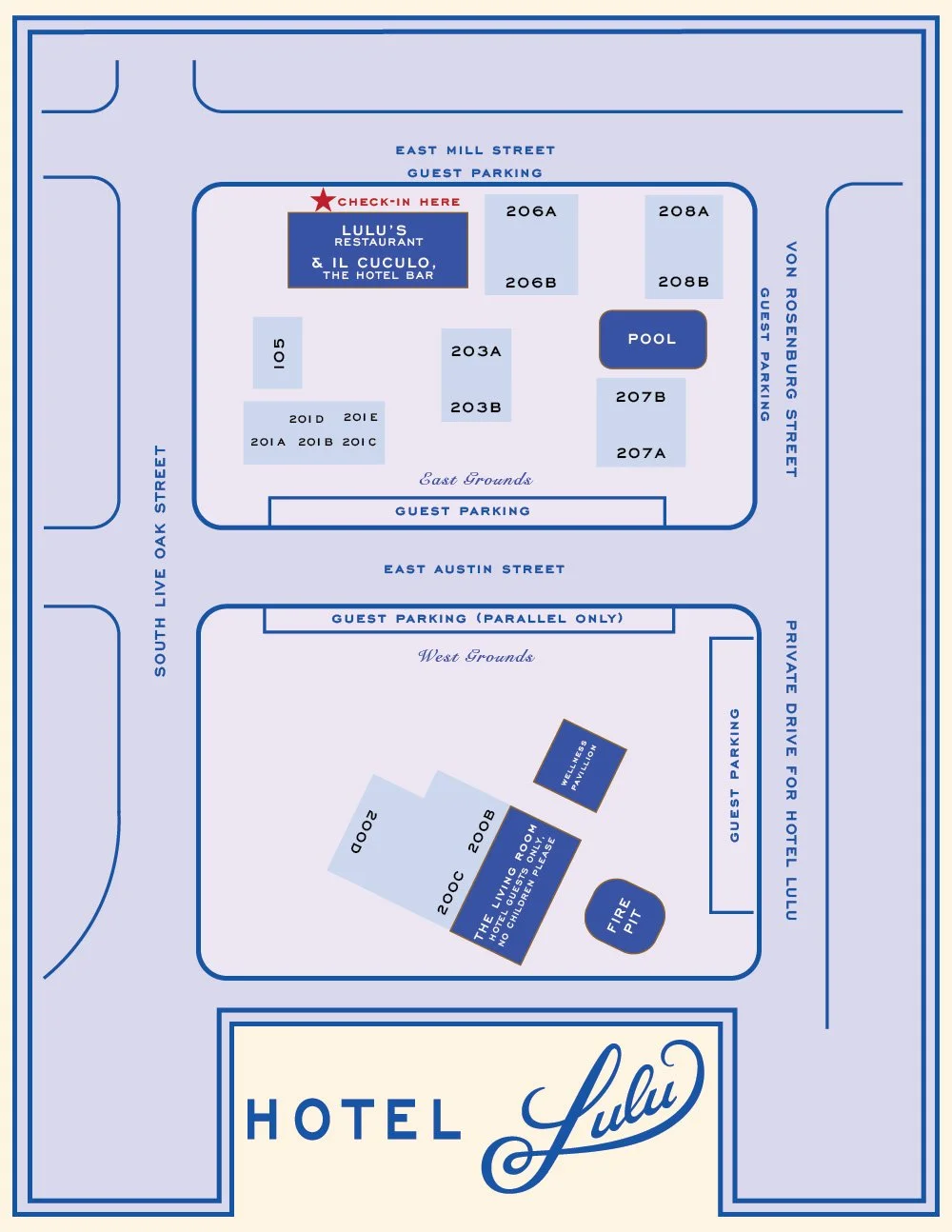 Map of Hotel Lulu with building locations, guest parking, pool, fire pit, and surrounding streets.