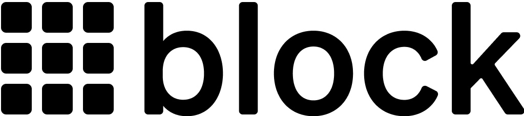 Logo with four rows of four black squares on the left and the word 'block' in lowercase bold black letters to the right.