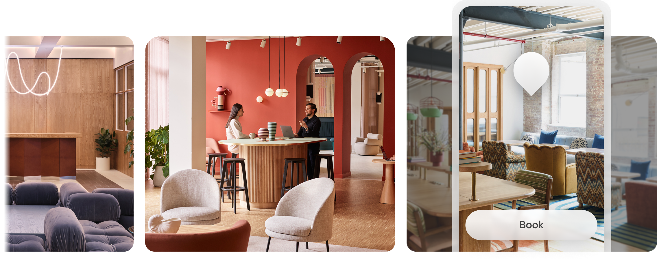 Modern, colorful lounge and meeting spaces with seating, tables, plants, and artistic decor.