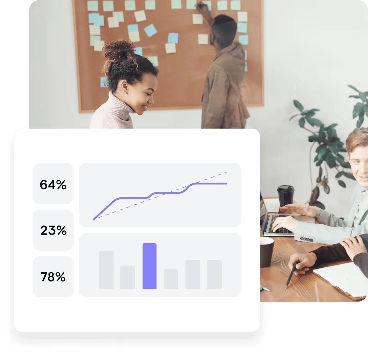 Two women and one man in a meeting room with a presentation slide showing charts and percentages
