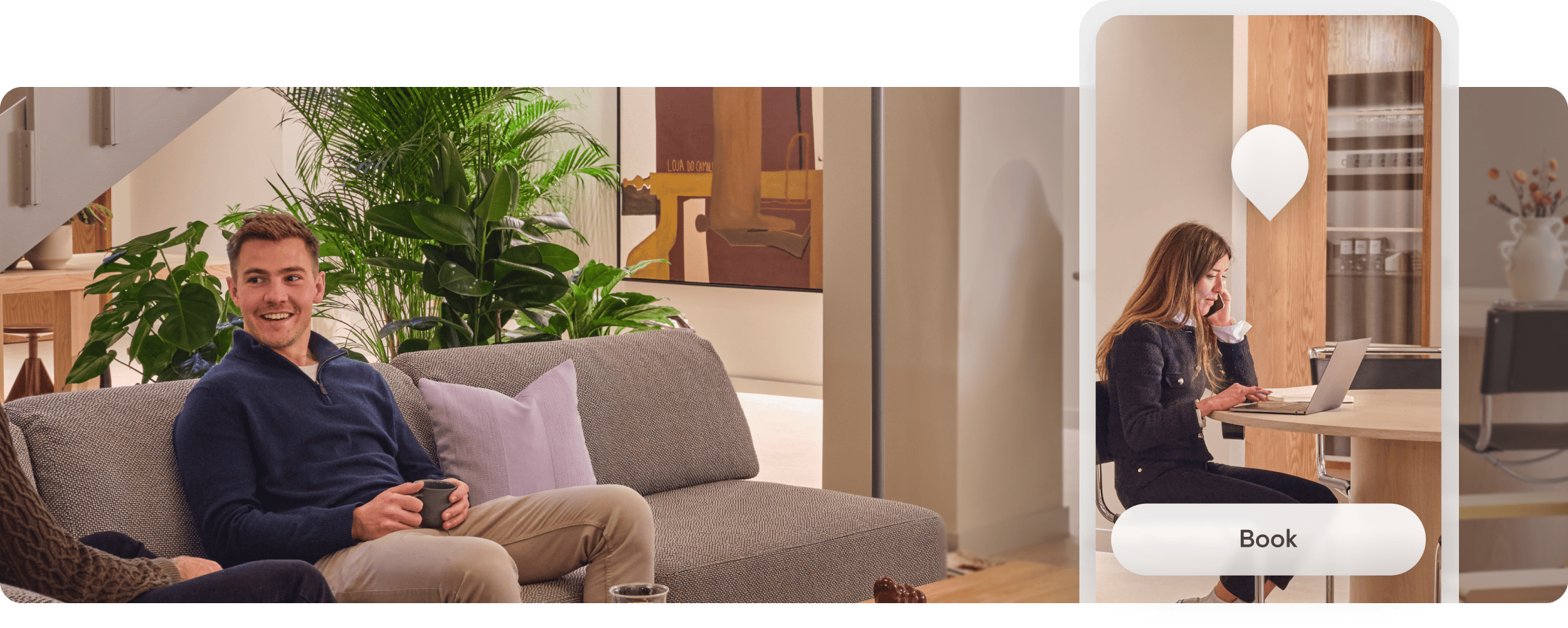 Living room with a man sitting on a sofa holding a cup, smiling, with a woman sitting at a table on a laptop, engaged in a phone call, with a "Book" label and a speech bubble indicating a virtual home tour.