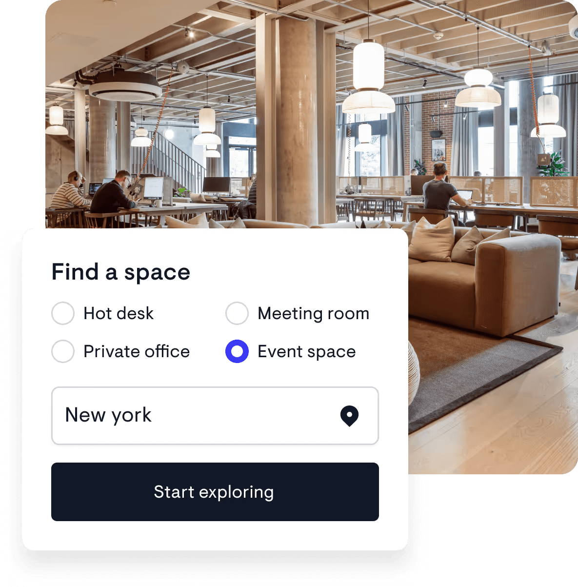 Interior of a modern co-working space with people working at desks, large windows, hanging lights, a couch with pillows, and a clear overlay of a booking interface for finding a workspace in New York.