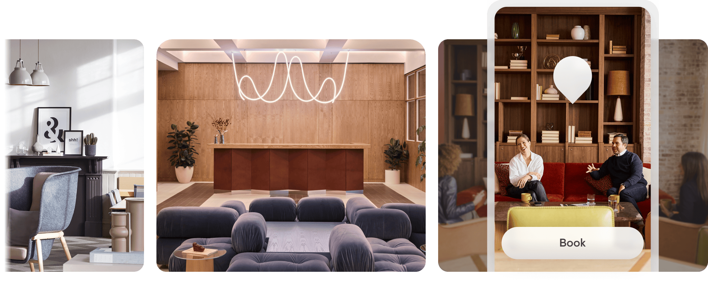 Interior of a modern lounge or waiting area with a reception desk, a seating area with purple chairs, and a cozy corner with a bookshelf and people talking.