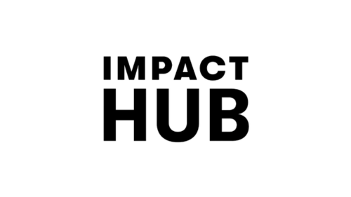 Impact Hub logo with the words 'IMPACT HUB' in black text on a white background.