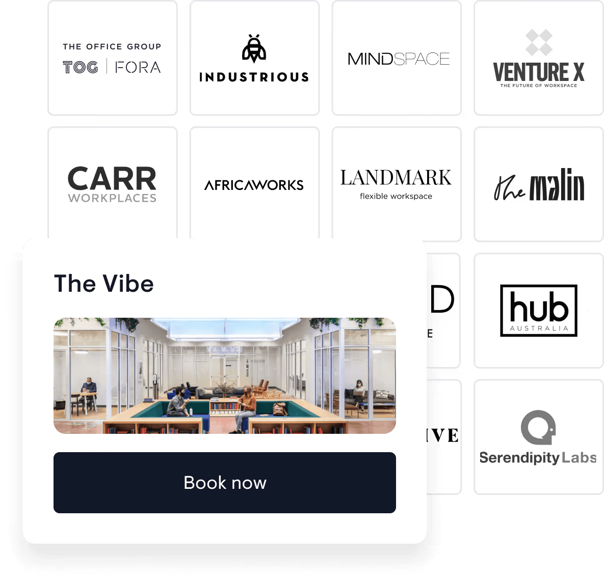 A digital directory showcasing various workspace brands with a pop-up window featuring the workspace 'The Vibe,' displaying a modern lounge area with people sitting and a 'Book now' button.