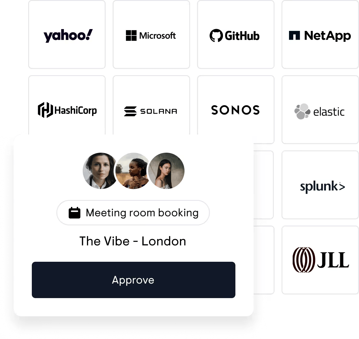 Pop-up window showing three profile pictures, meeting room booking for 'The Vibe - London', and an approve button, over a grid of technology company logos including Yahoo, Microsoft, GitHub, NetApp, HashiCorp, Solar, Sonos, Elastic, Splunk, and JLL.