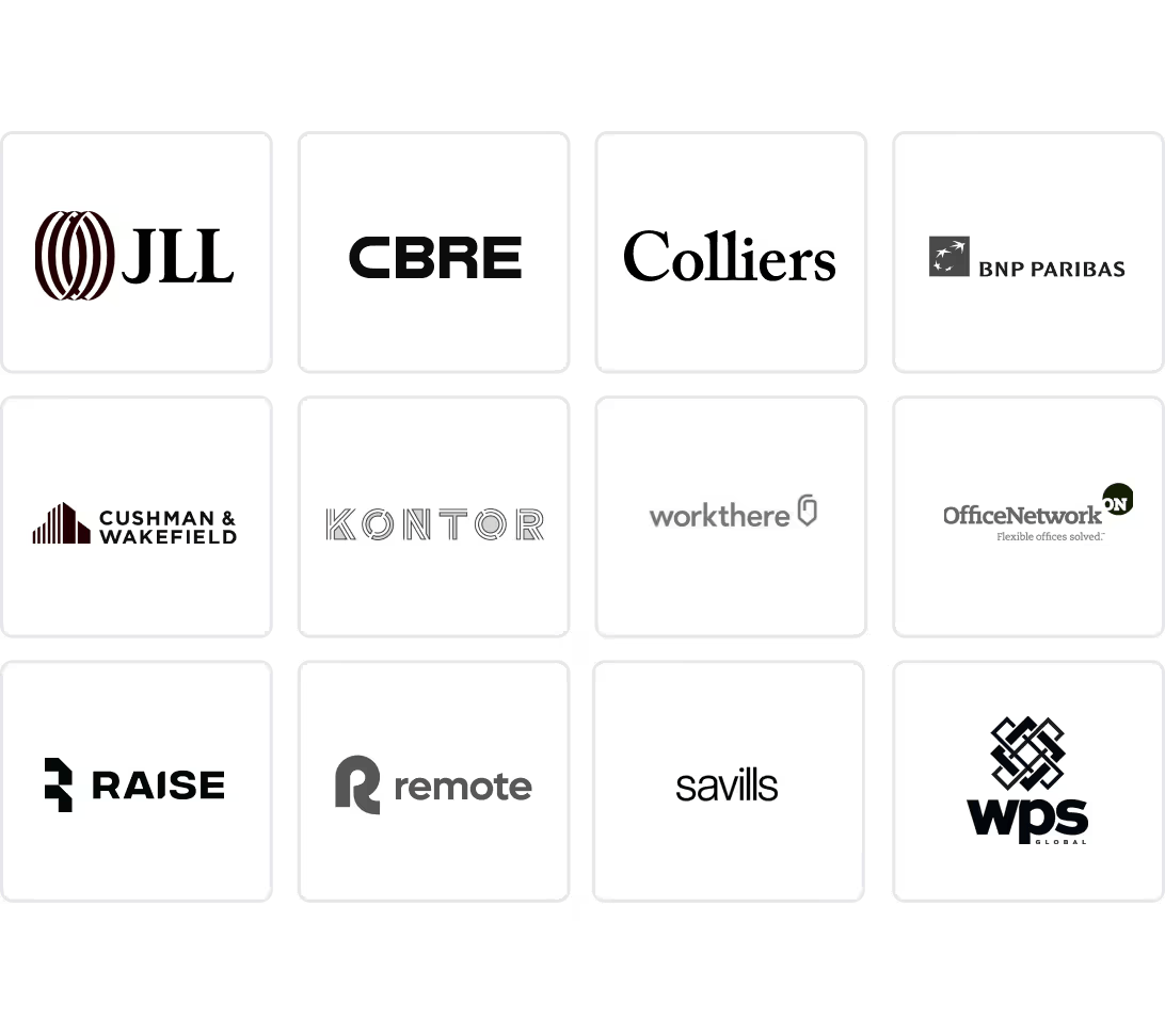 A grid of twelve logos of various real estate, finance, and office service companies, arranged in four rows and three columns.