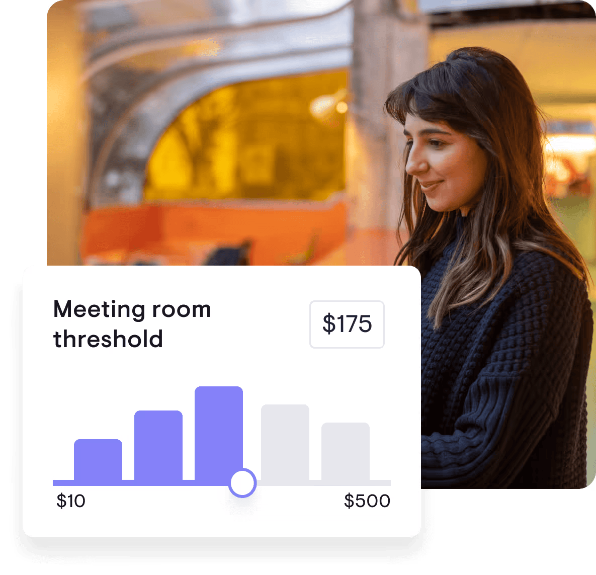 A woman with brown hair and a dark sweater sitting indoors near a window with warm lighting. A graph showing meeting room threshold set at $175, with a price range from $10 to $500.