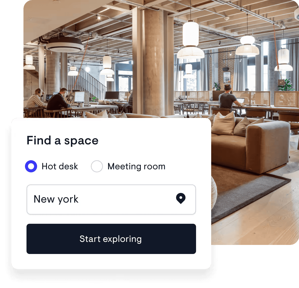 Modern coworking space with people working at desks, large windows, hanging lights, and a seating area with pillows. Overlay shows a space search interface with options for hot desk or meeting room and location set to New York.