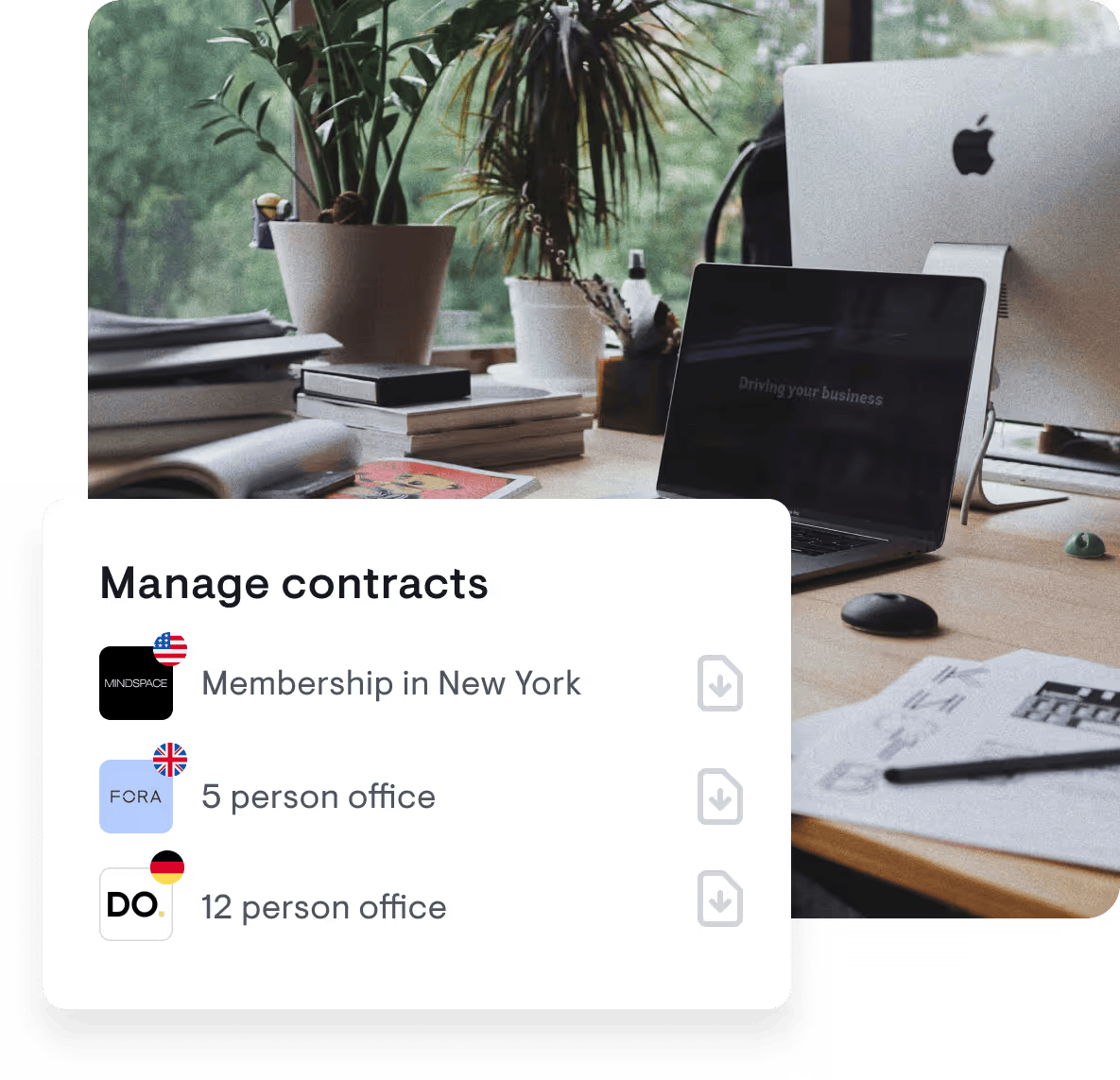 A cluttered office desk with potted plants, a computer monitor, a laptop, and papers. A translucent overlay displays a menu for managing contracts, listing memberships and office spaces in New York, the UK, and Germany.