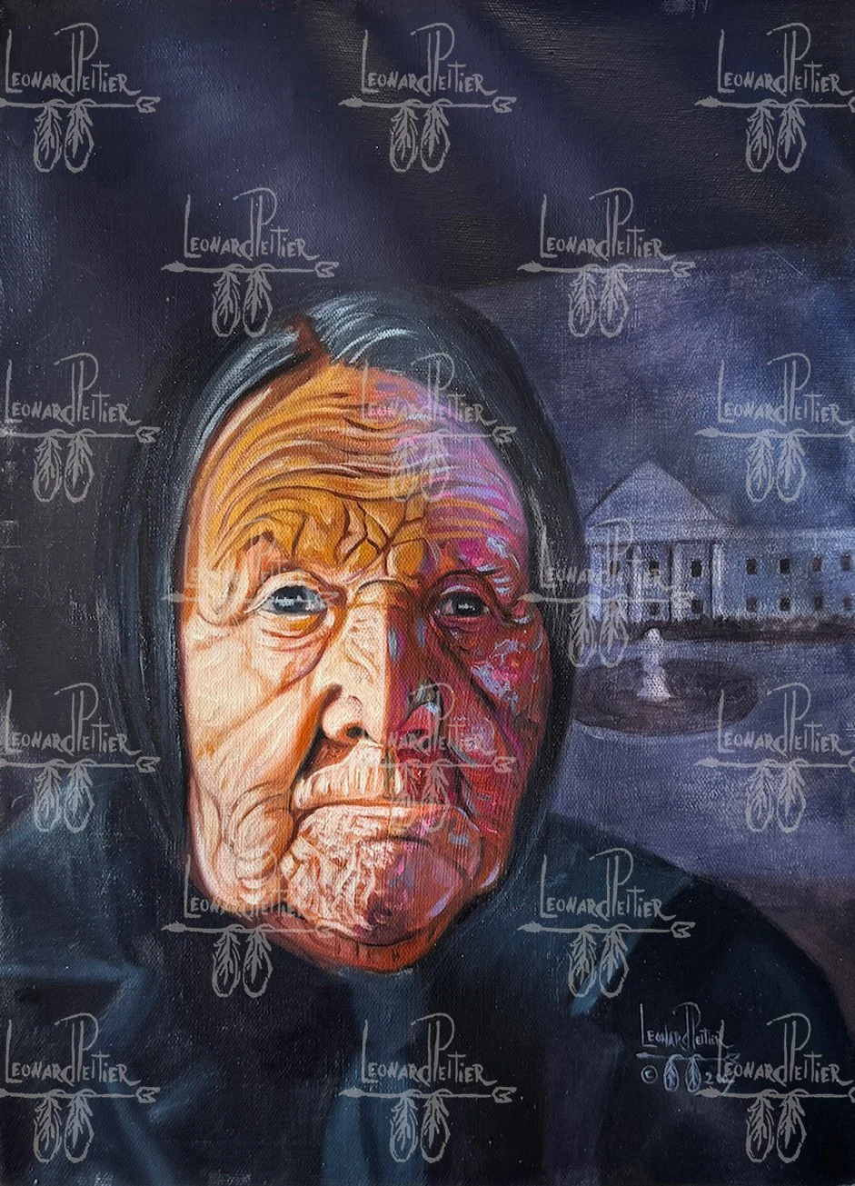 Painting of an elderly woman wearing a headscarf, with detailed wrinkles and a serious expression, set against a dark background with a faint outline of a house or building in the distance.