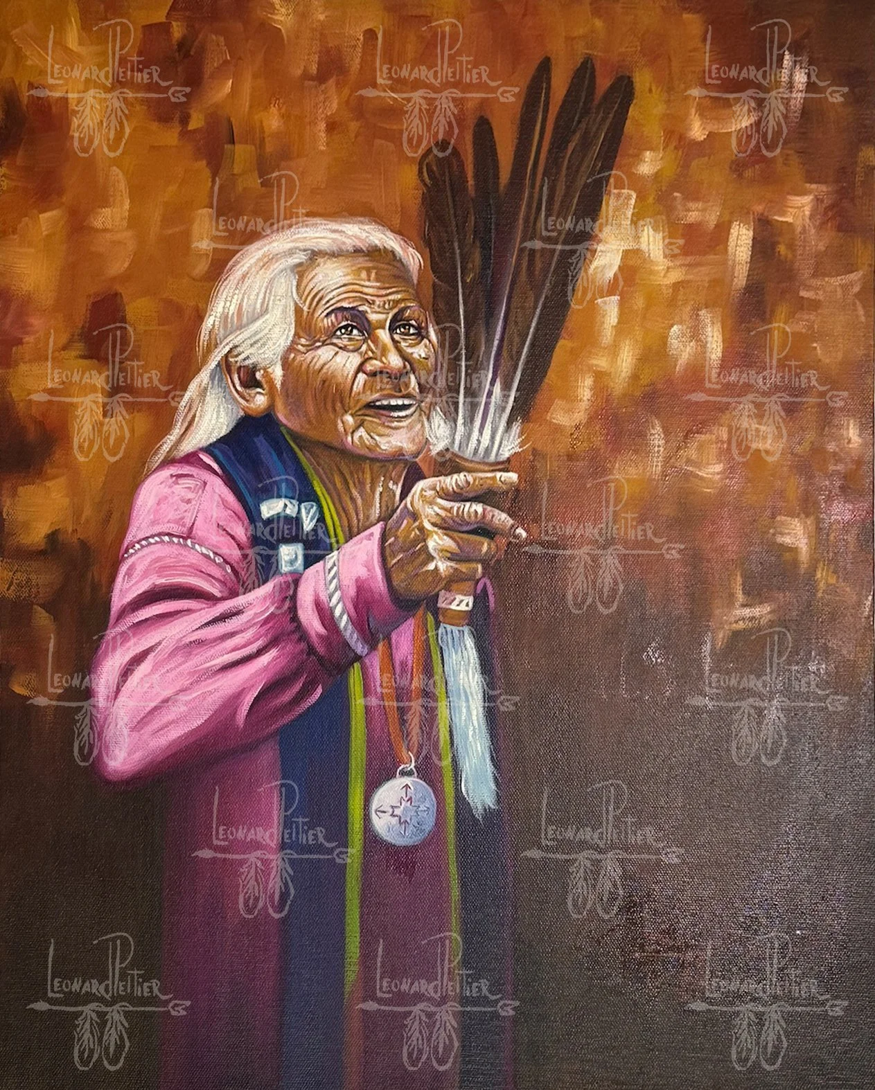 Painting of an elderly Native American woman with long white hair, wearing a pink shirt and a pendant, holding a fan of feathers in her hand, set against a earthy brown background.