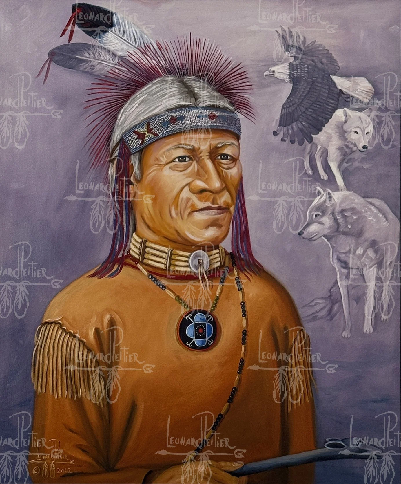 Portrait of a Native American man wearing traditional headdress and jewelry, with images of wolves, eagles, and a bear in the background.