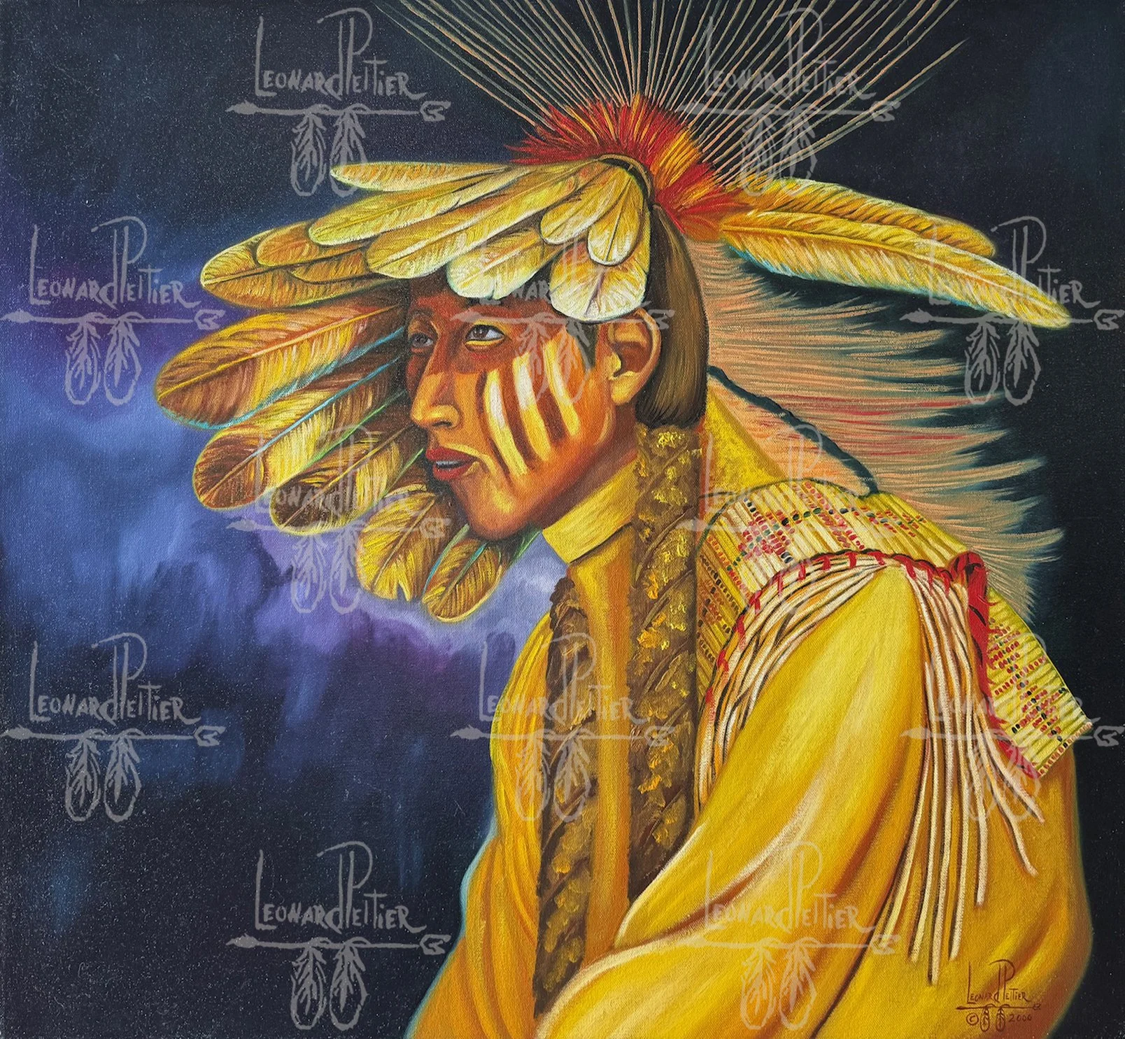 Painting of a Native American man in traditional yellow clothing and headdress made of feathers, with tribal face paint, looking to the left against a dark background.