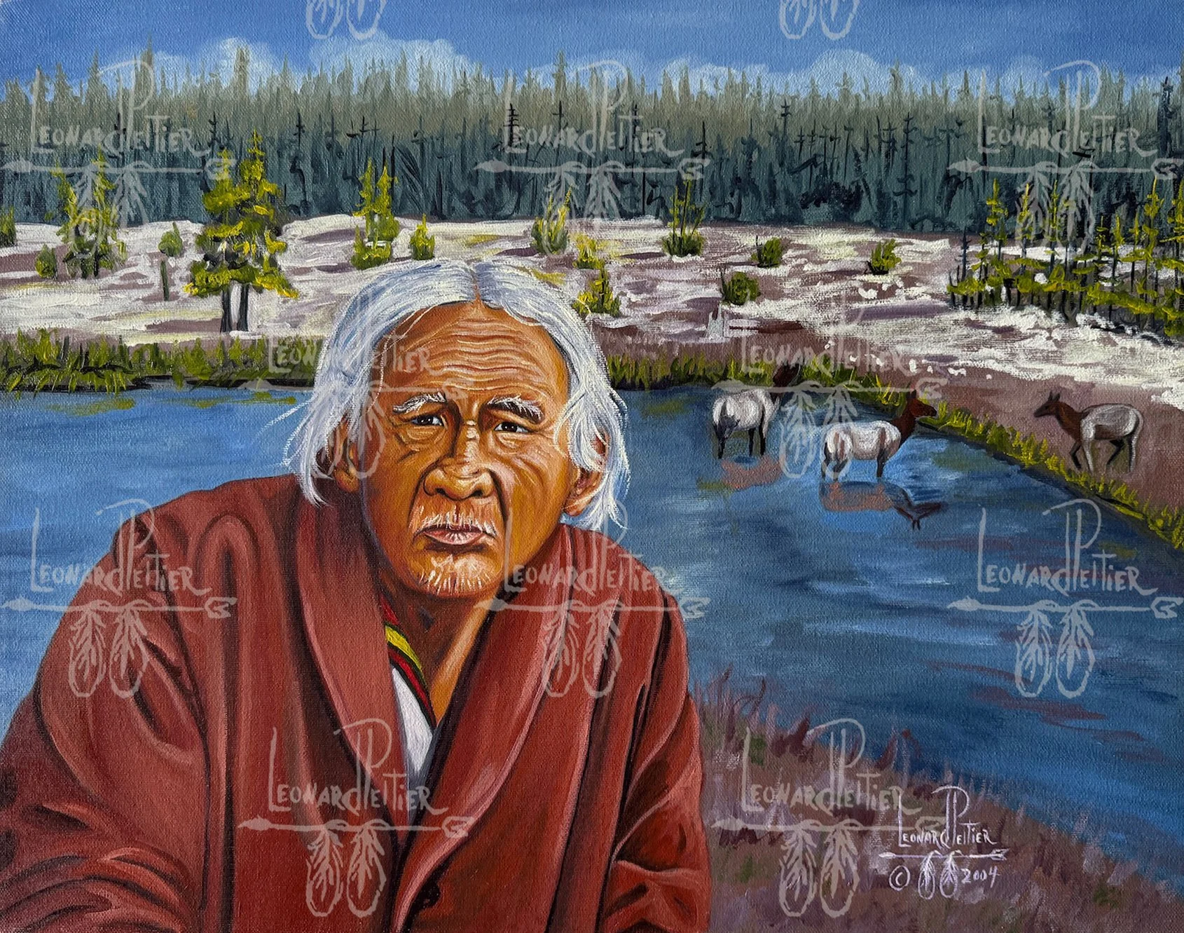 A portrait of an elderly man with white hair, wearing a red jacket, in front of a landscape featuring a creek, white horses, trees, and a forested hillside.