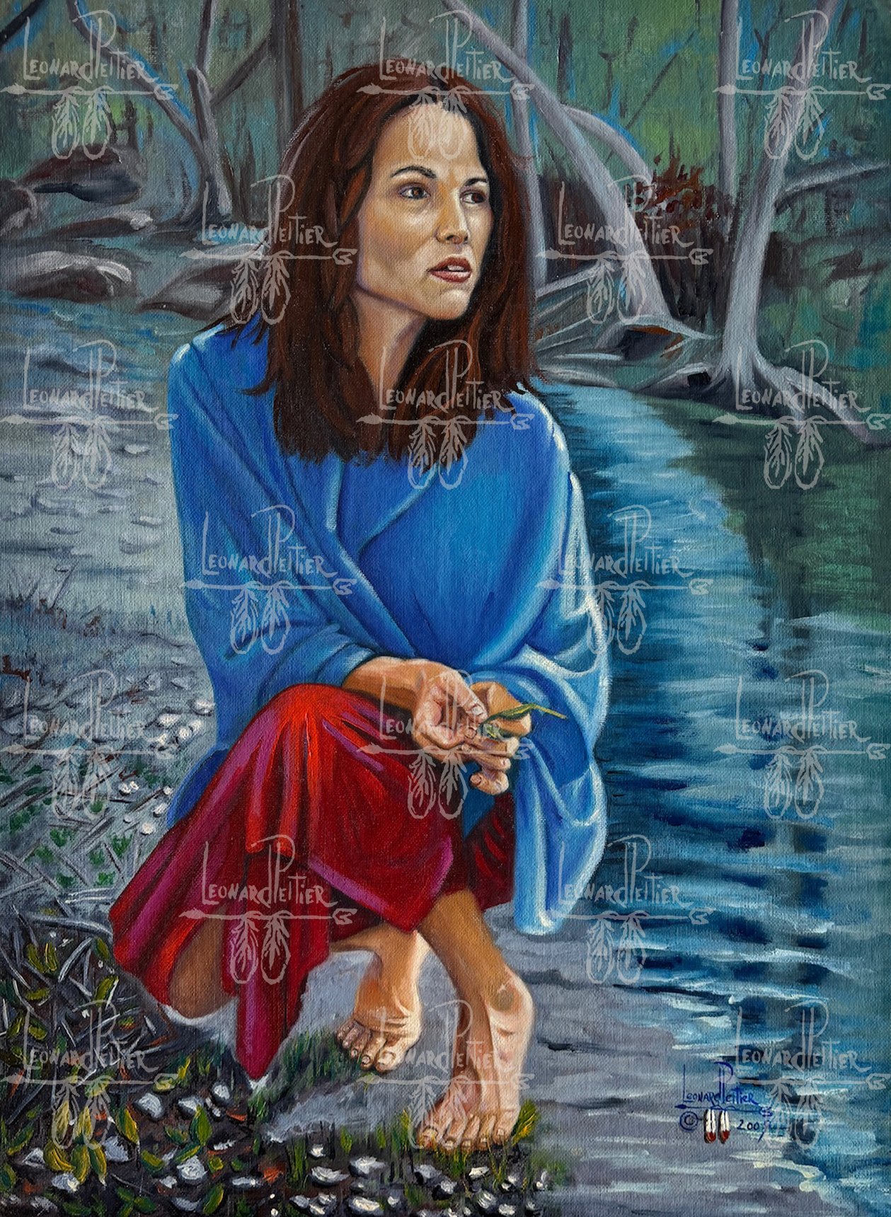 A painting of a woman sitting by a stream in a forest, holding a leaf and a small object in her hands. She has long brown hair and is wearing a blue shawl and red skirt. The background shows trees and rocks along the flowing water.
