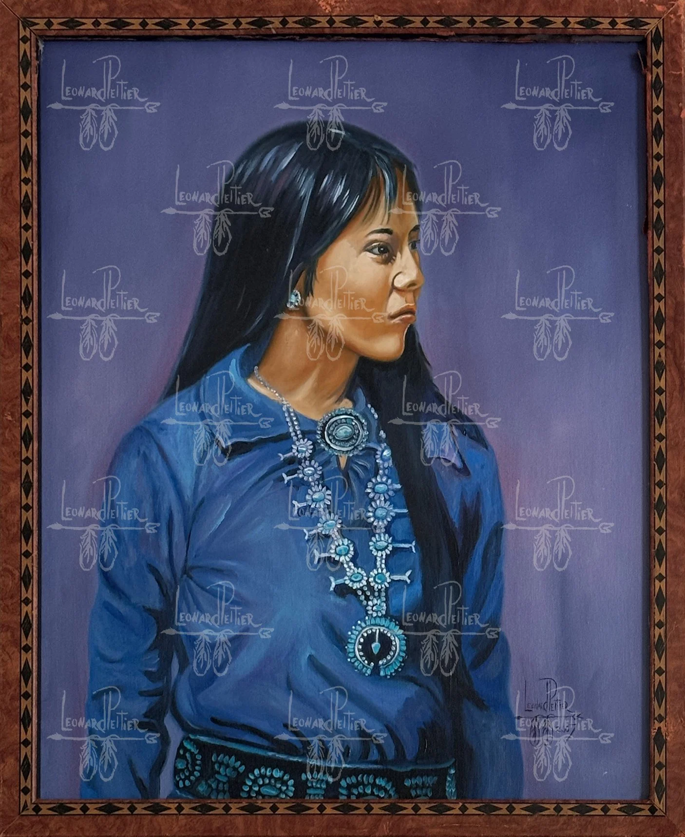 A portrait painting of a Native American woman with long black hair, wearing traditional jewelry and a blue top, against a purple background.