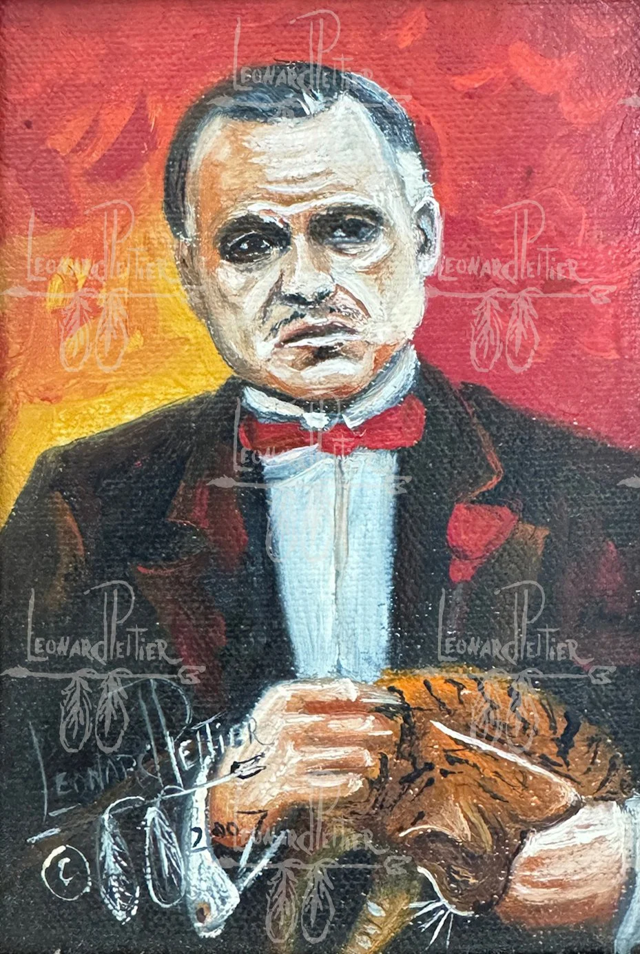 Painting of a man in a tuxedo with a red bow tie, holding a knife and fork with a roasted chicken in front. The background features warm tones of red, orange, and yellow.