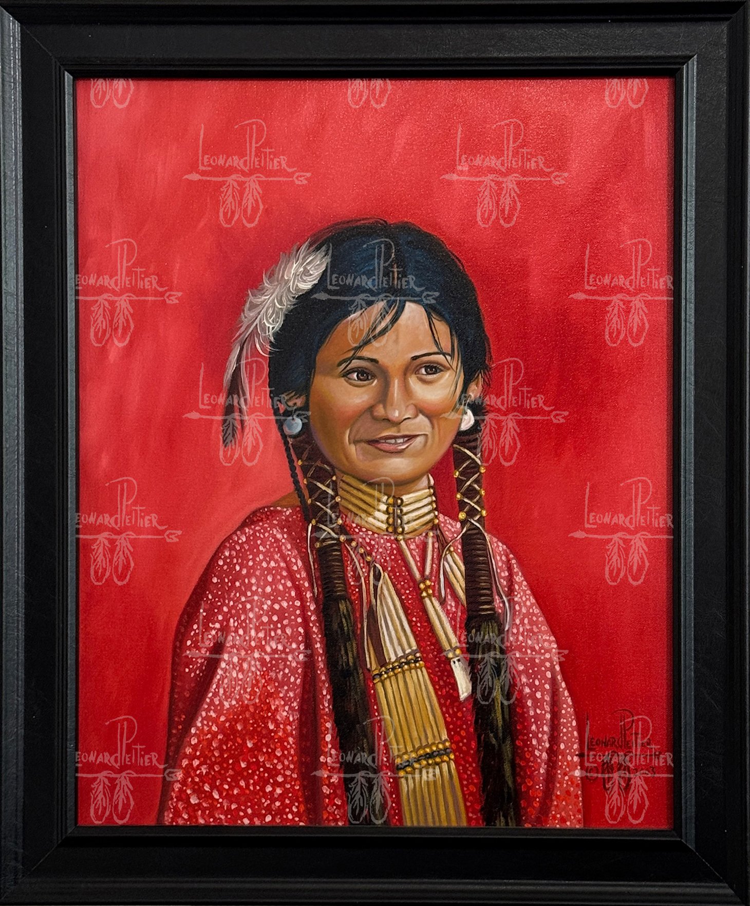 Painting of a Native American woman with dark hair, traditional clothing, jewelry, and feathers, set against a red background.