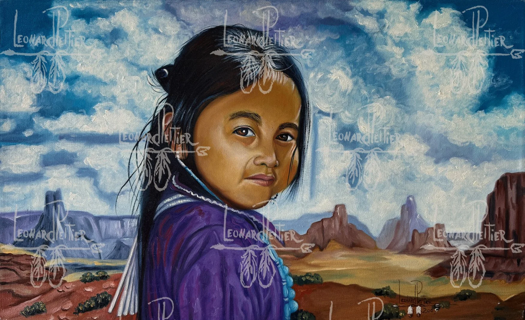 A painted portrait of a young Indigenous woman with long black hair, wearing a purple garment, against a desert landscape with rock formations and blue skies with clouds.