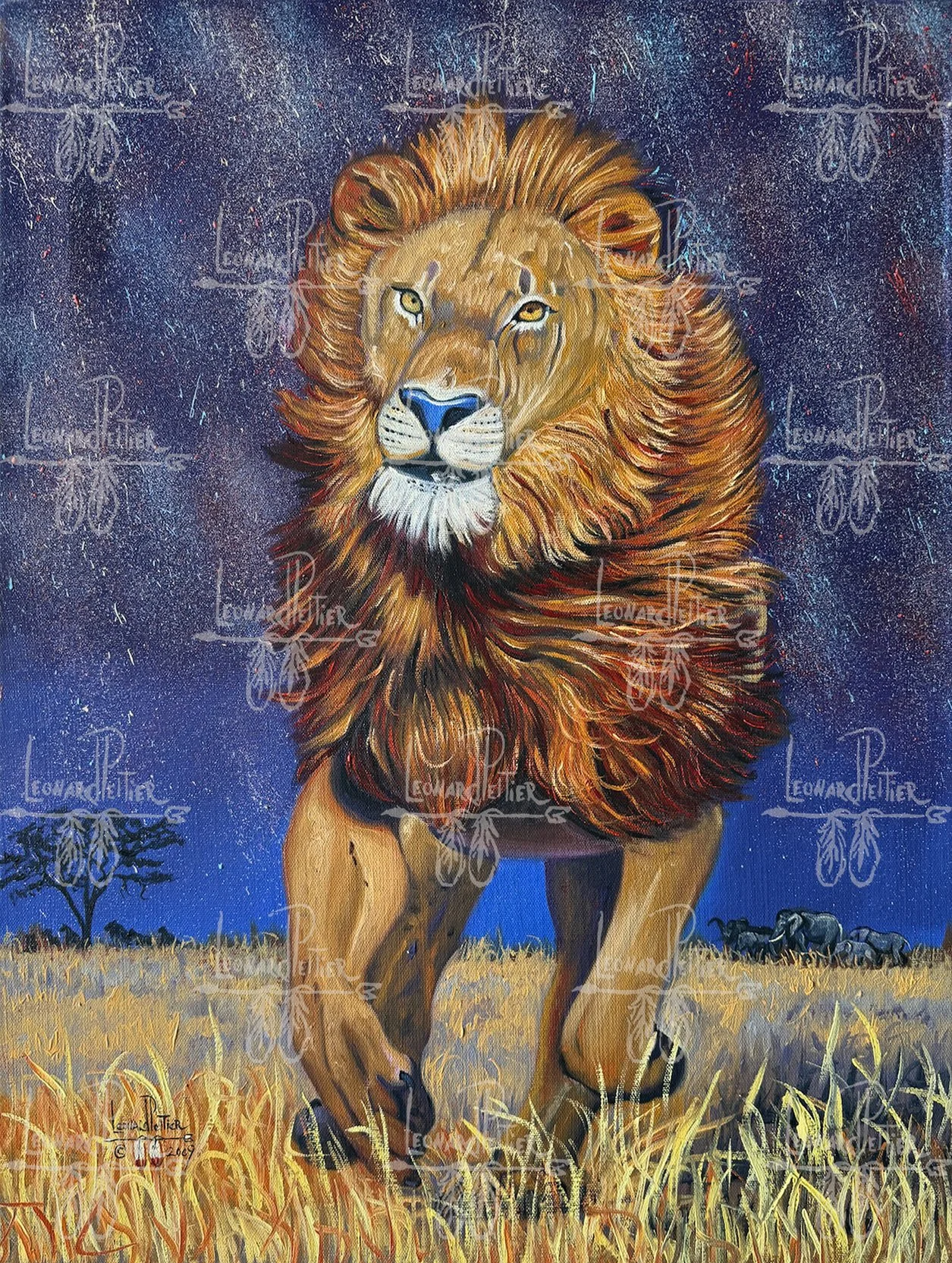 Painting of a lion walking through a grassland under a dark, starry sky with zebras in the background.