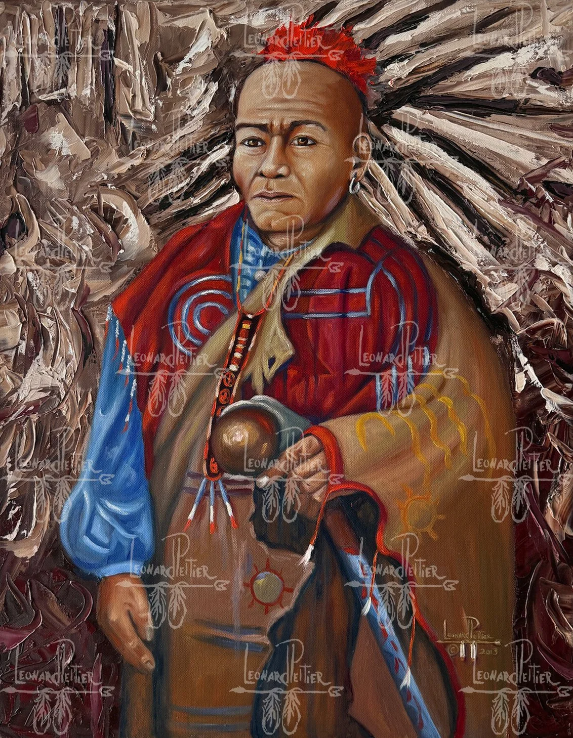 A painting of a Native American man wearing traditional clothing, holding a staff with feathers, and a stern expression. The background is textured with earthy tones.