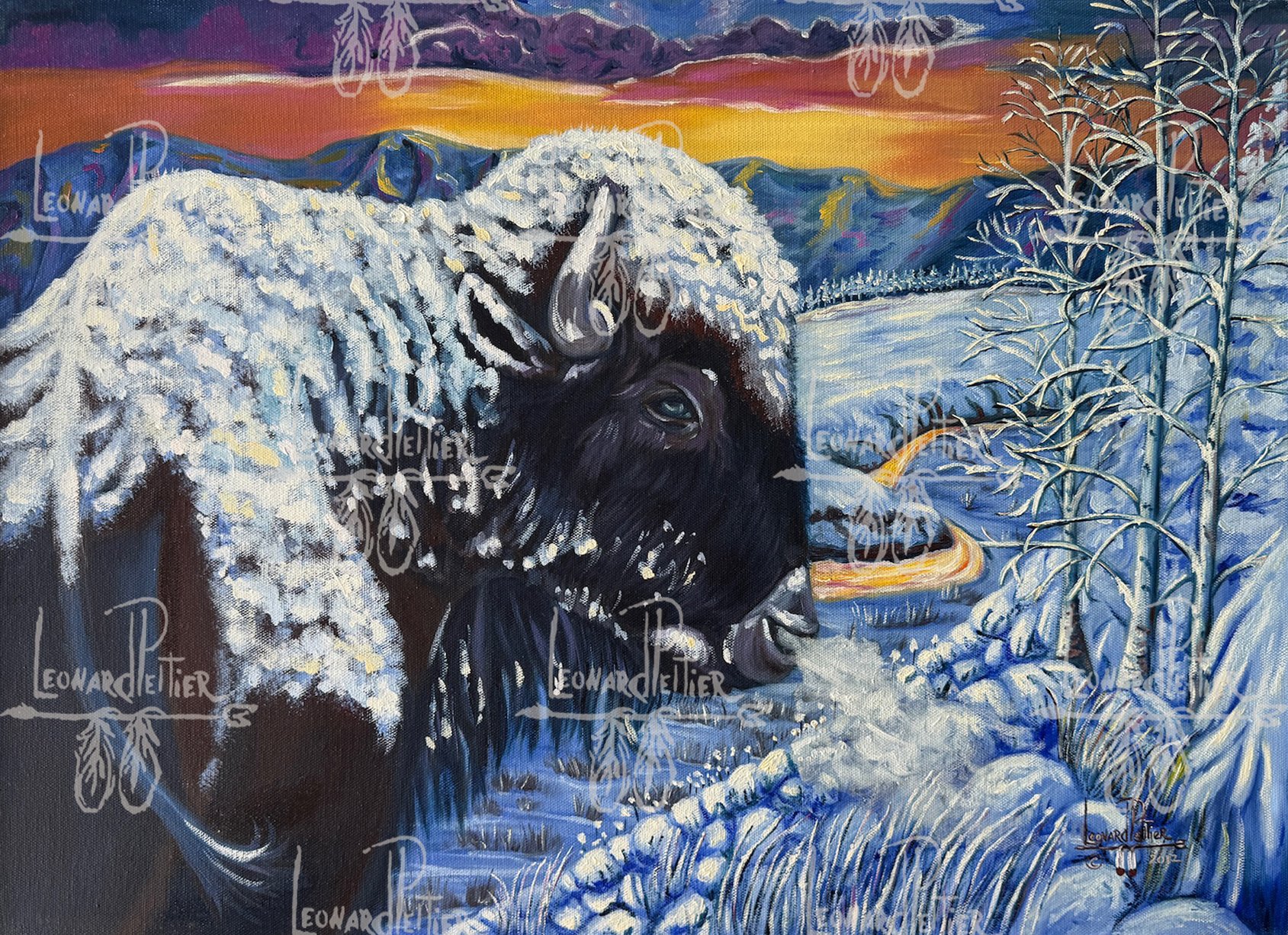 A painting of a bison covered in snow in a winter landscape with snow-covered trees, a winding river, mountains, and a colorful sunset sky.