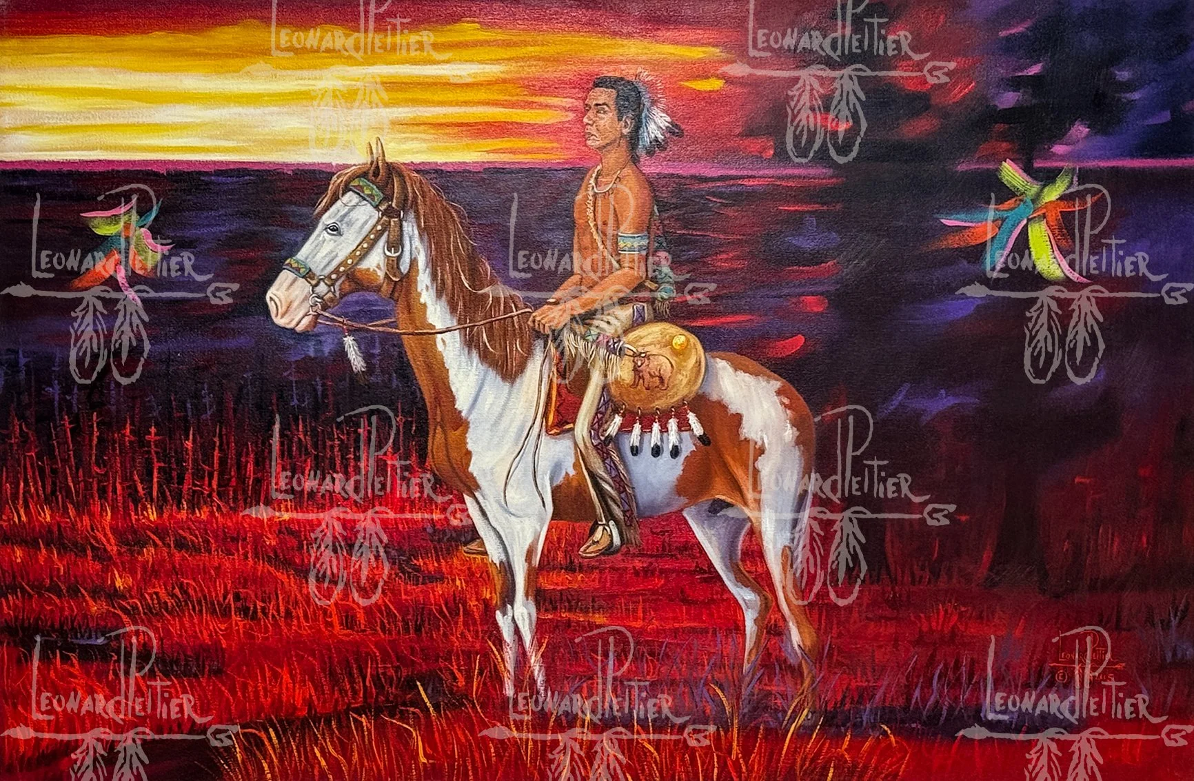 A painting of a Native American man on a white and brown horse, set against a sunset sky with dark purple and red clouds over a red grassy landscape.