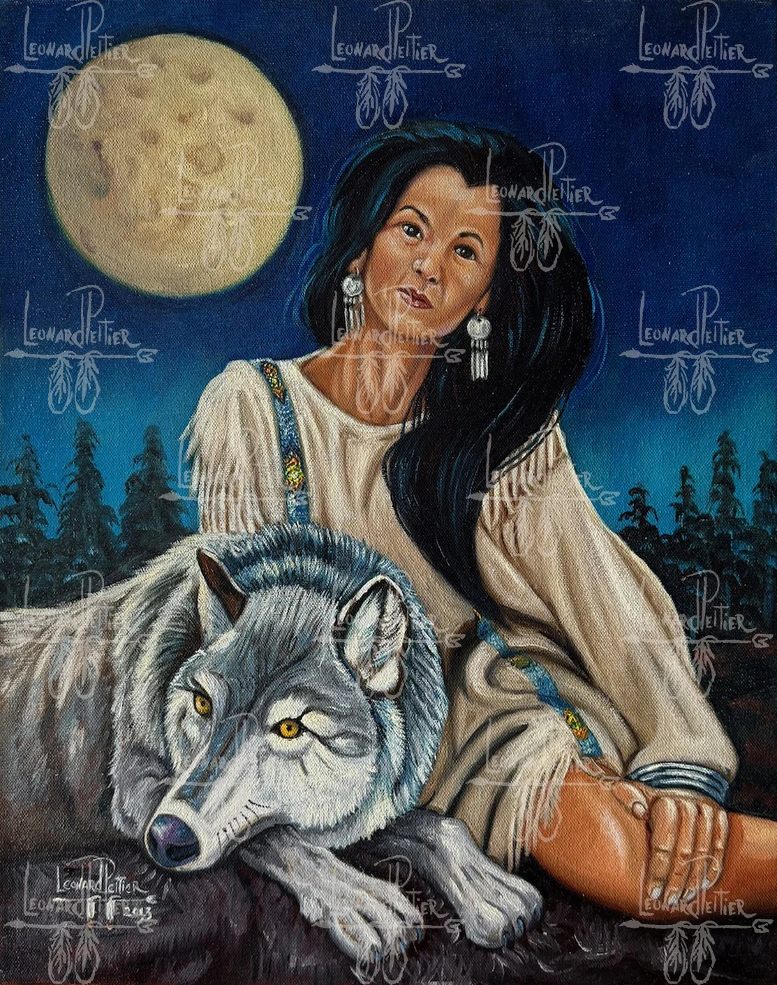 A painting of a woman with long black hair, wearing earrings and a beige shirt, seated next to a gray wolf with yellow eyes, under a full moon in a forest at night.