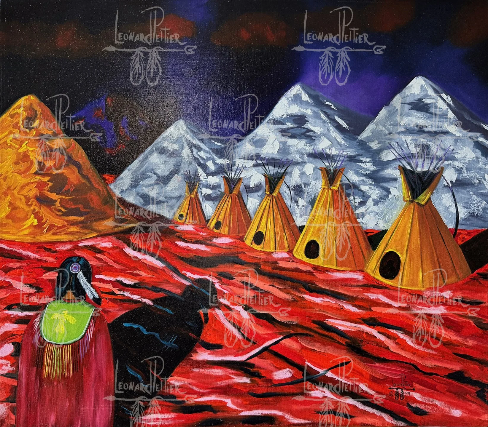 A colorful painting of a mountain landscape with snow-capped peaks, red and orange terrain, yellow Tipis tents in a row, and a green fire extinguisher in the foreground.