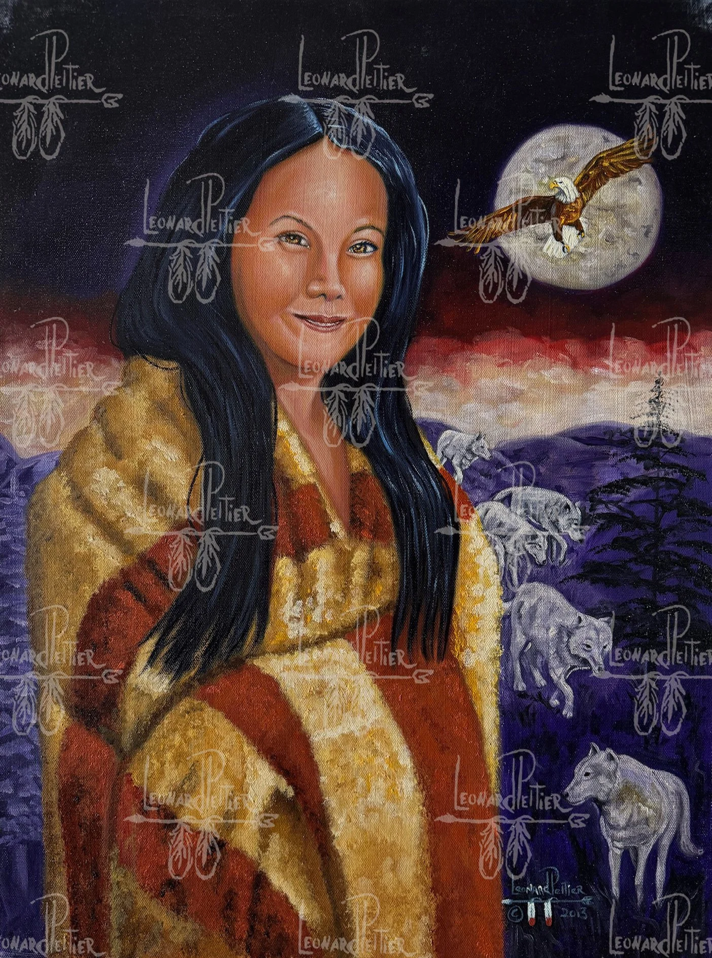 Portrait of a woman with long dark hair wearing a yellow and red striped garment, standing against a surreal night landscape with animals, moon, and flying eagle.