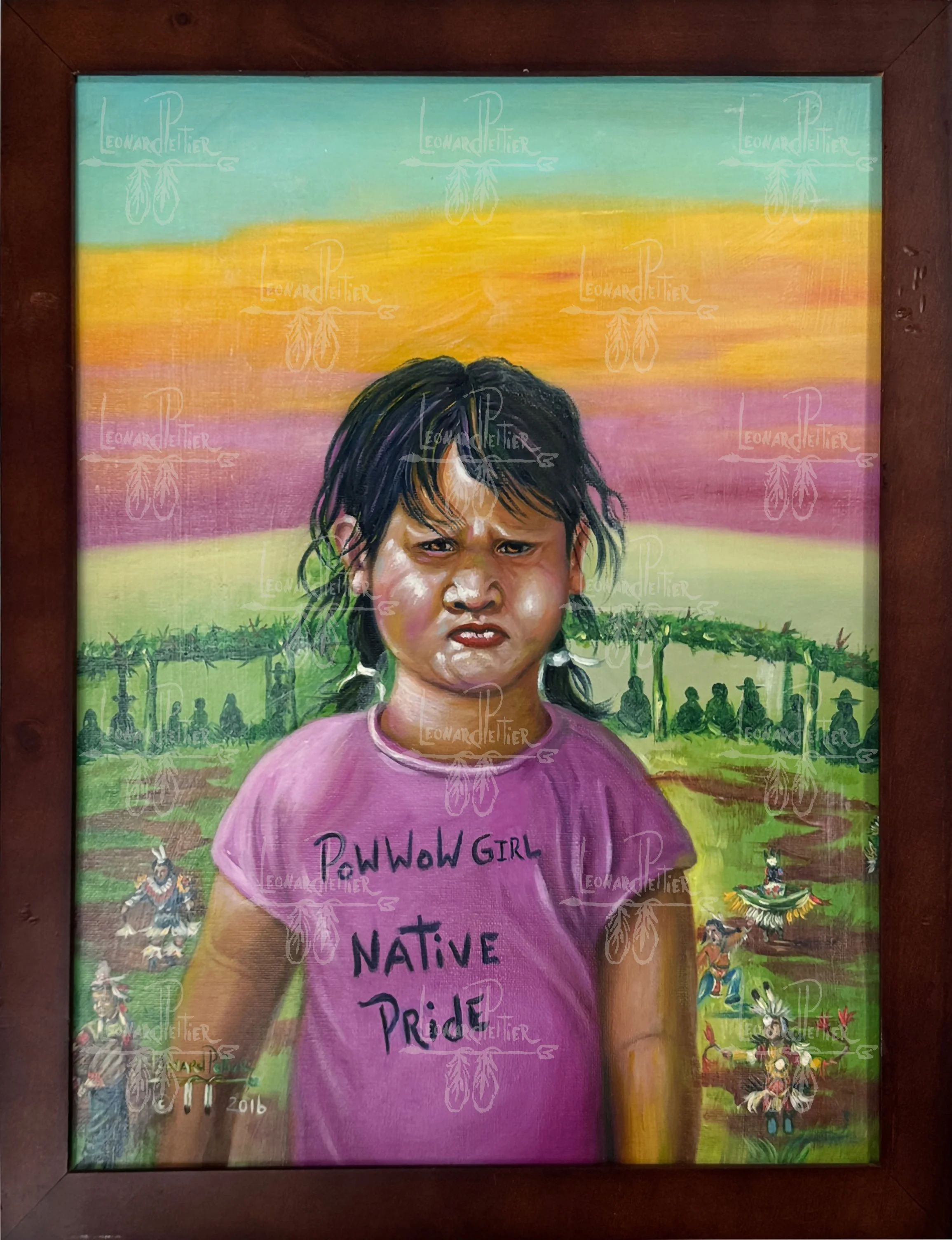 Painting of a young girl with dark hair, wearing a purple shirt that says 'PowWow Girl Native Pride', standing in front of a colorful background with a sunset sky and silhouettes of Native Americans and dancers.