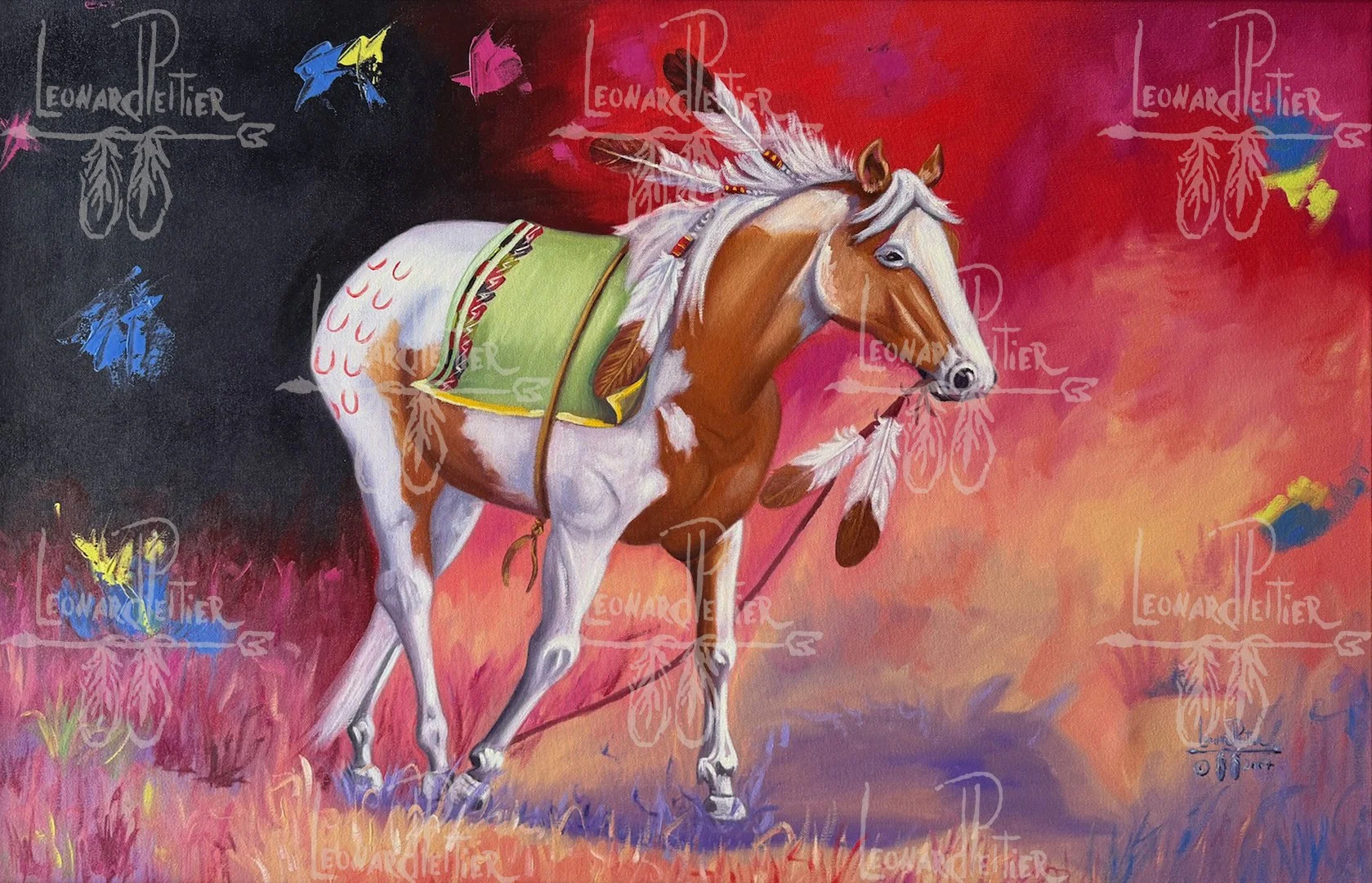 Colorful painting of a pinto horse wearing a saddle, standing on a grassy field with a vibrant, abstract background of red, orange, purple, and black hues.
