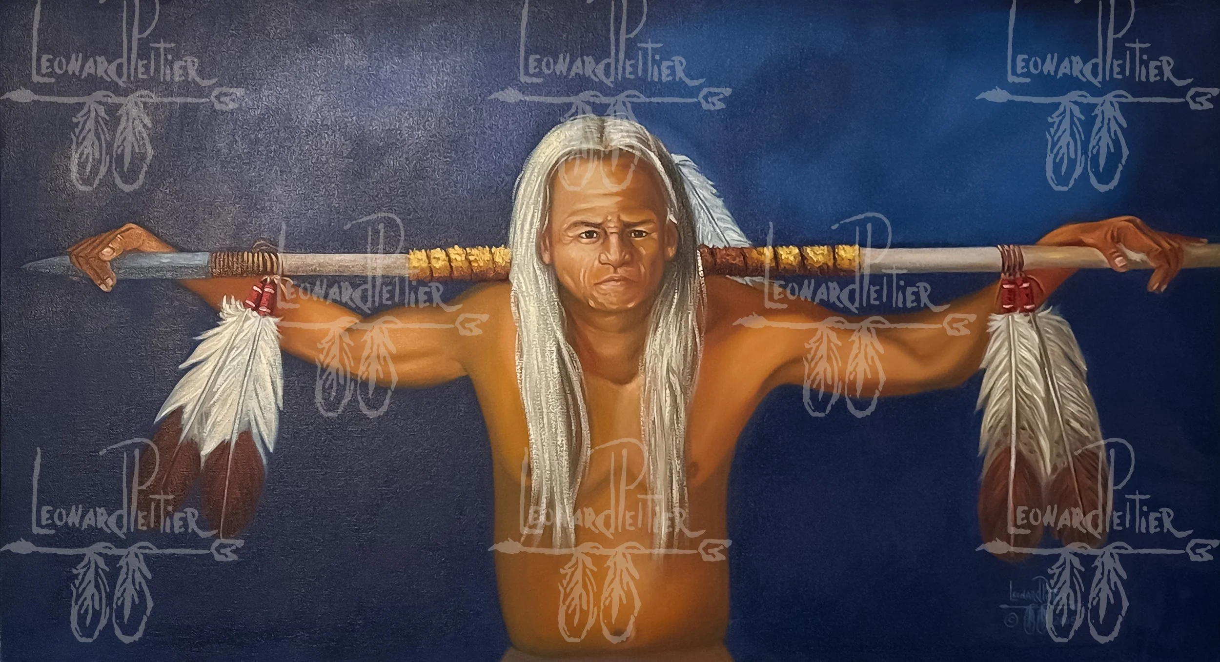 Painting of a Native American man with long white hair, holding a spear across his shoulders against a dark background.