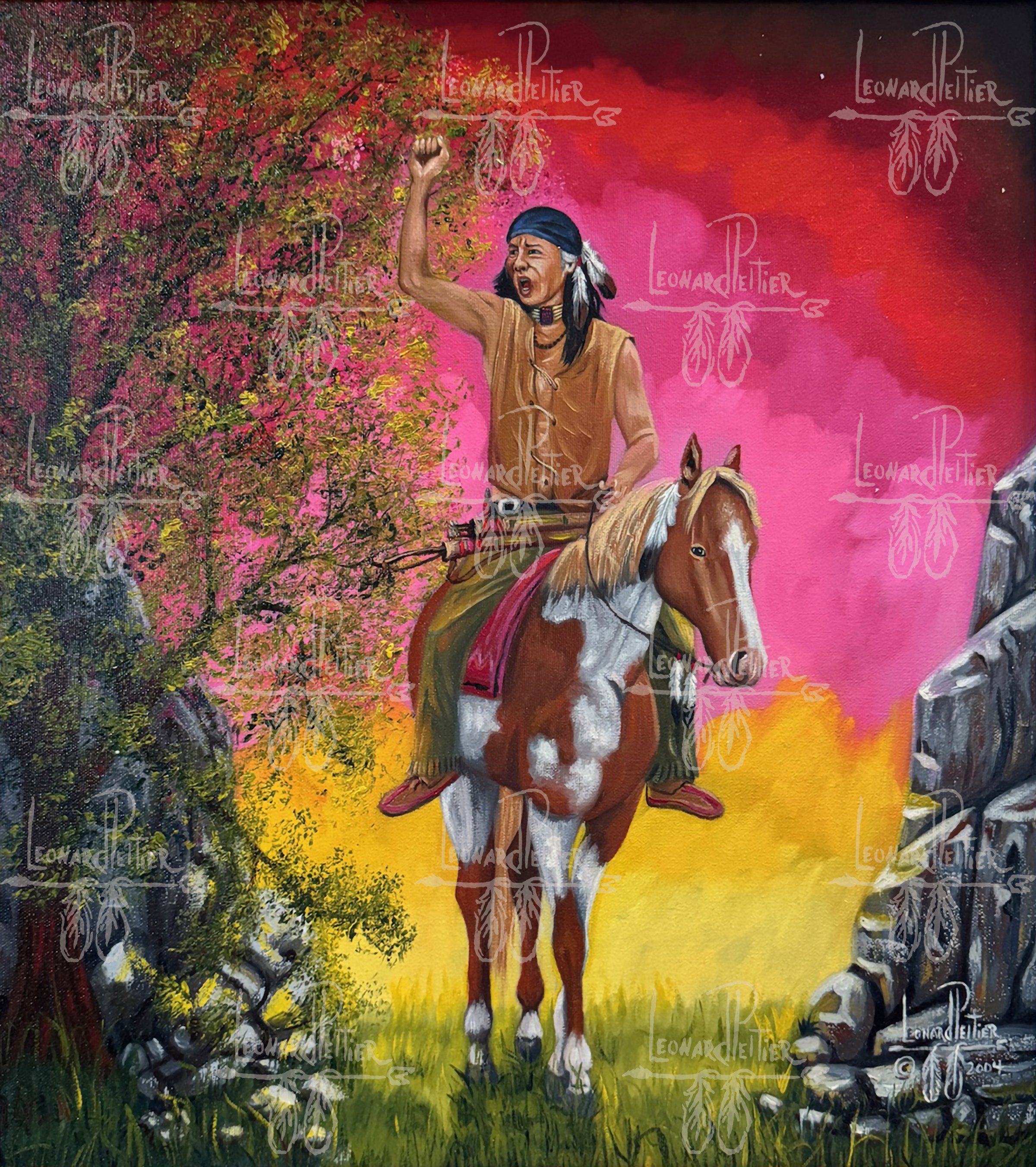 A painting of a Native American man riding a horse, raising a fist, with a pink, orange, and yellow sky, pink flowering tree, rocky formations, and green grass background.