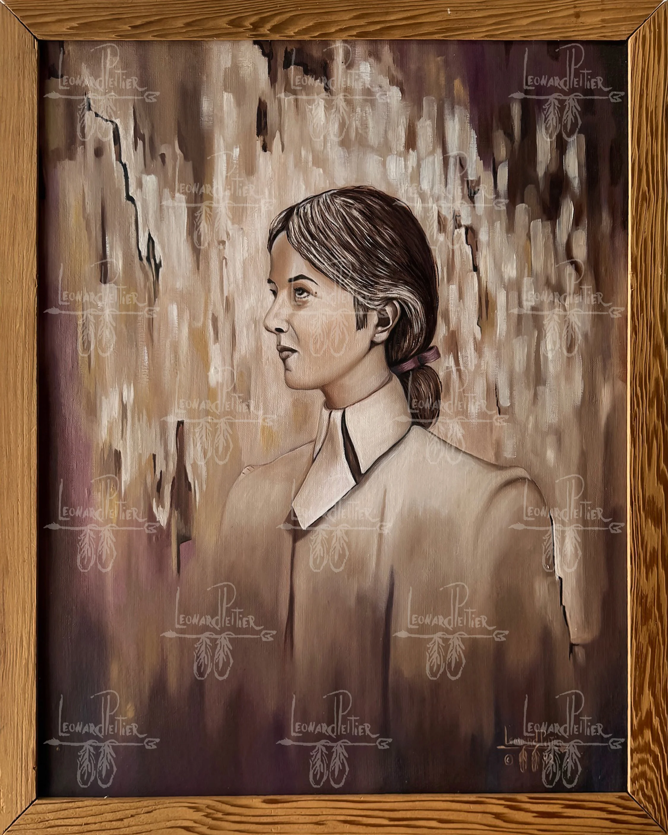 A painted portrait of a woman with dark brown hair tied in a low ponytail, wearing a beige blouse with a black collar, set against an abstract brown and beige background, framed in wood.