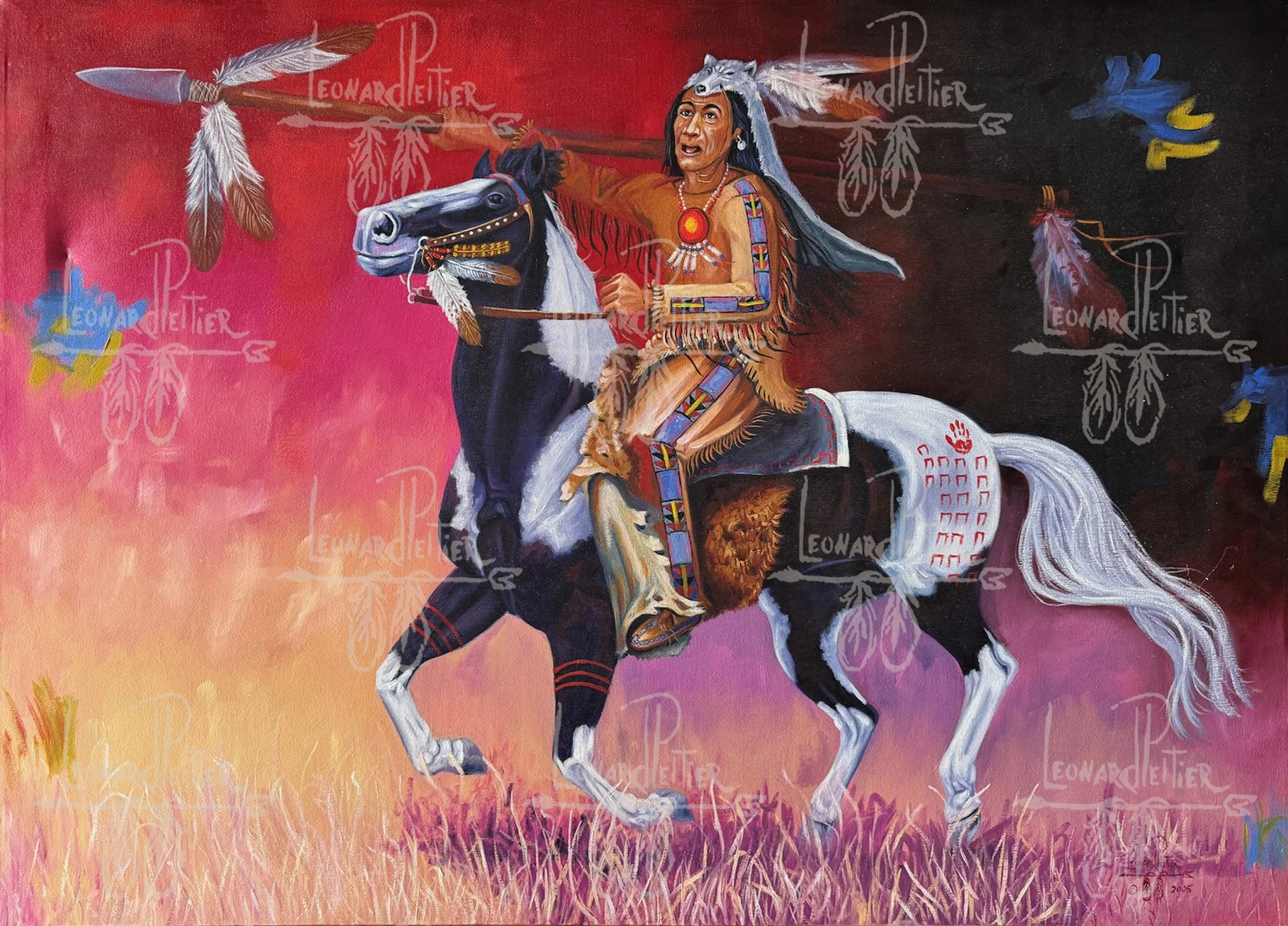 A colorful painting of a Native American man in traditional attire riding a black and white horse, with a vibrant background transitioning from pink to dark.