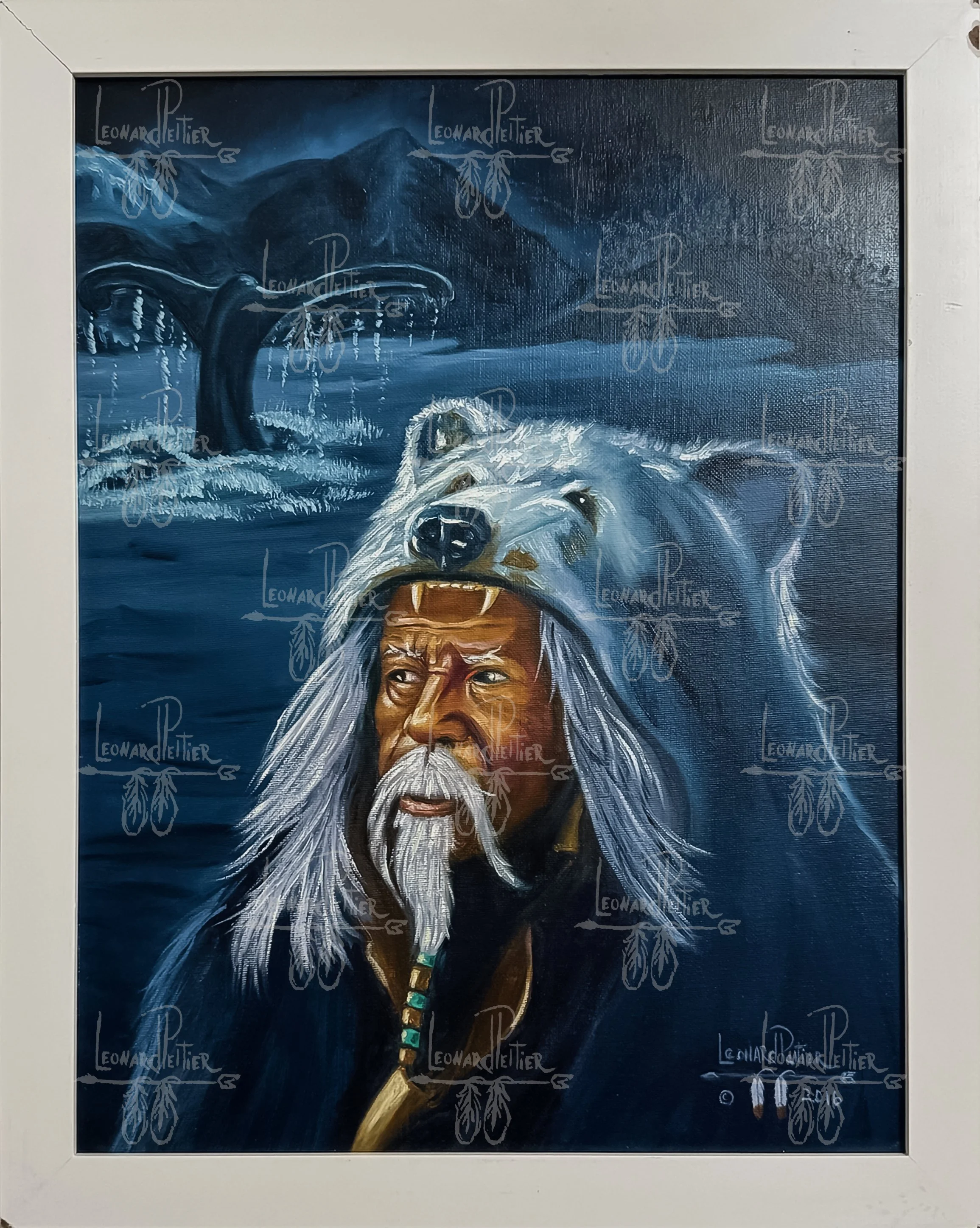 Painting of a Native American man with a bear headdress, with a mountain and river scene in the background.