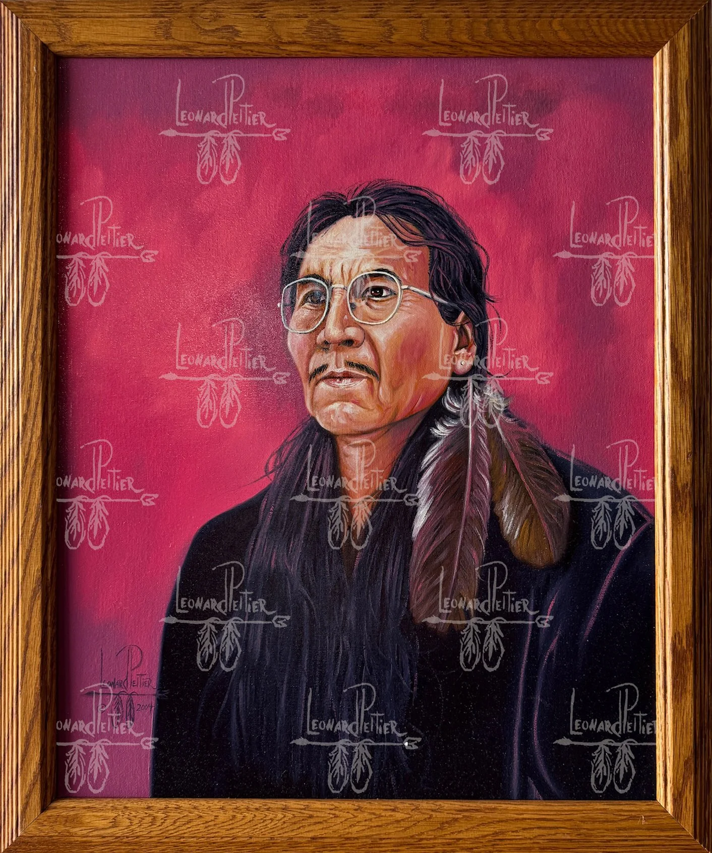 Portrait of a man with long dark hair, glasses, and traditional feathers in his hair, set against a red background, painted in a realistic style