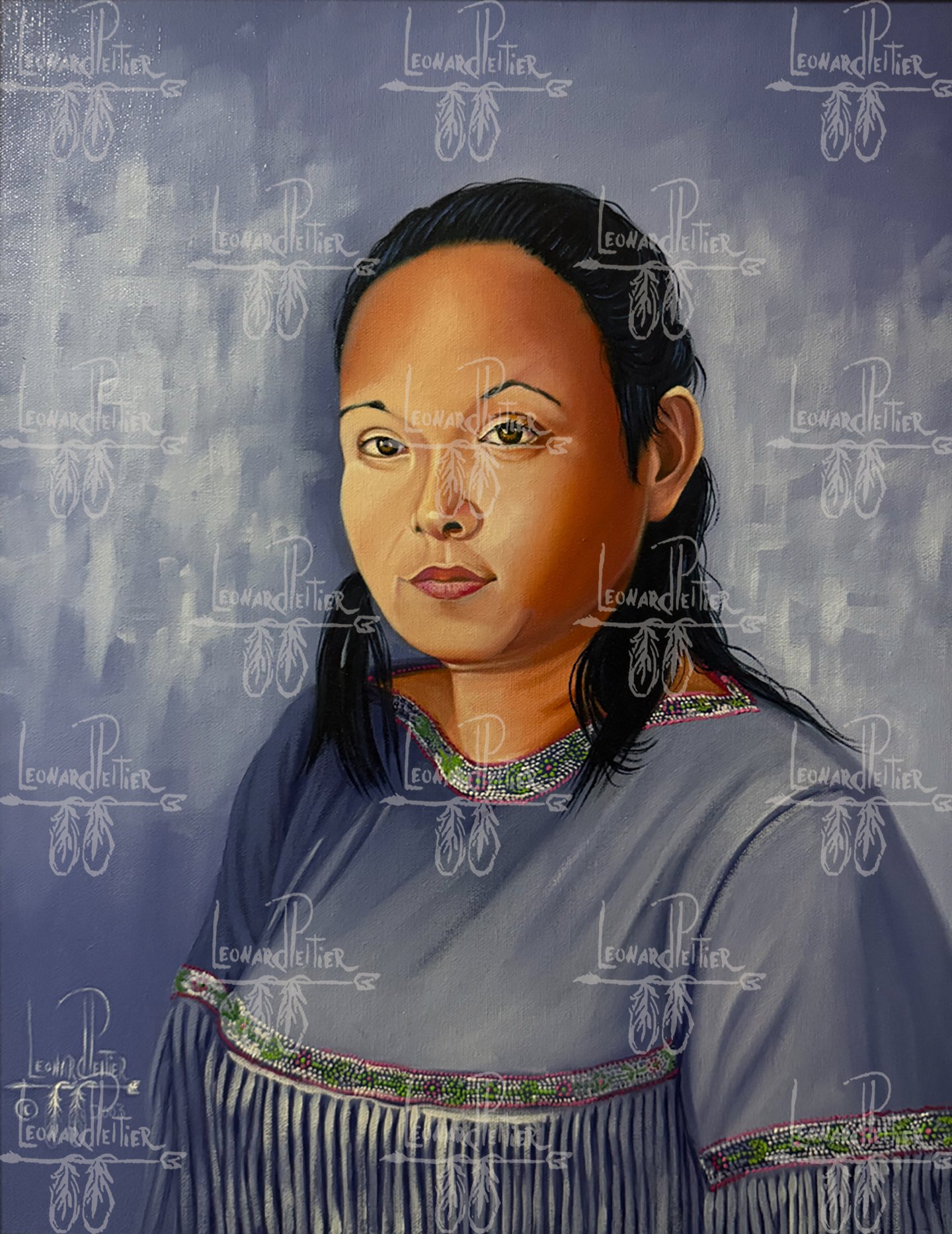 Painting of a woman with dark hair, wearing a traditional dress with colorful embroidery around the neckline and sleeves, against a blue background.